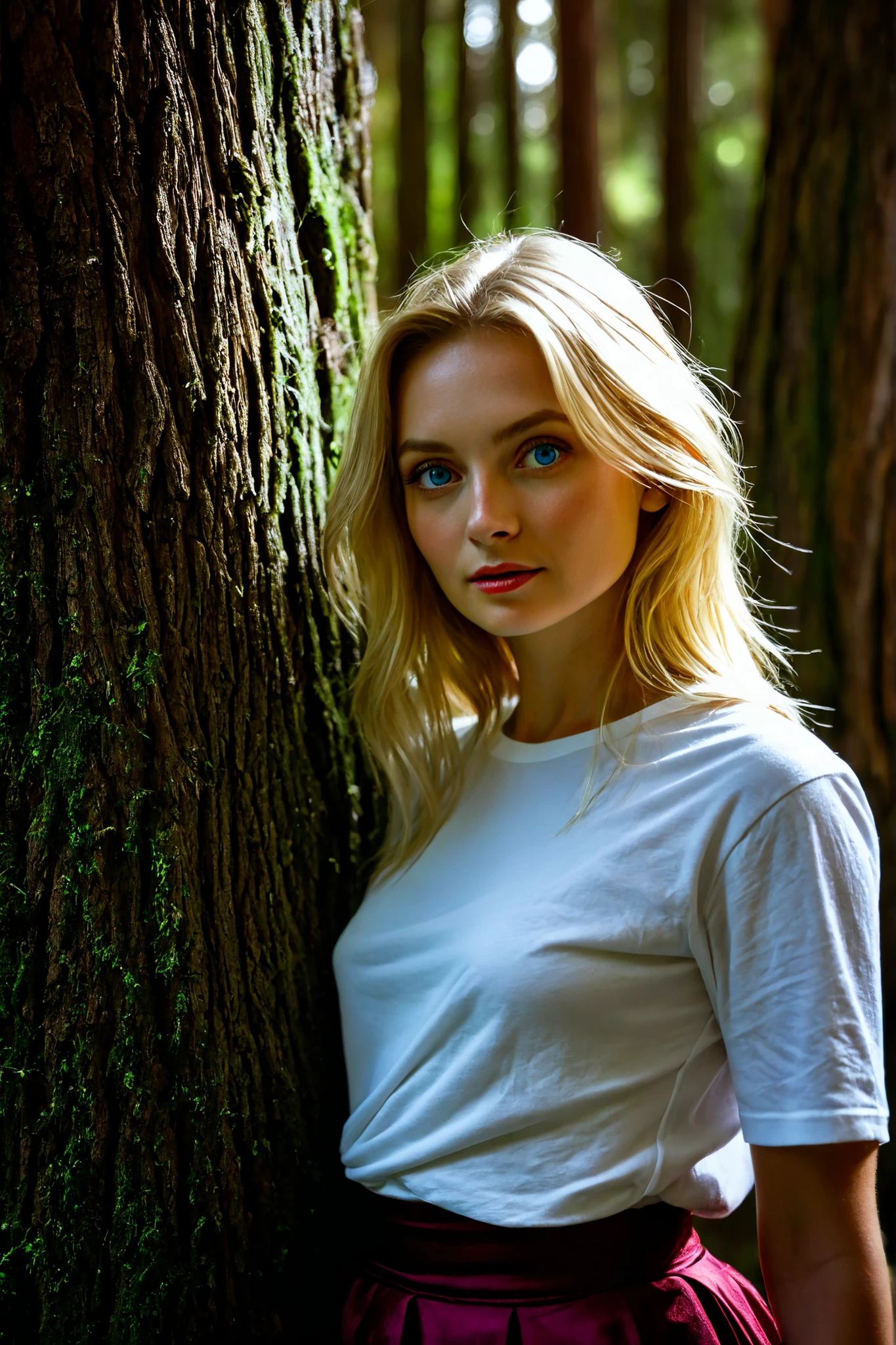 photo of a woman (sympathetic expression), ultra-textured skin, looking at the camera, goosebumps, blonde hair half-loose, burgundy silk skirt, white T-shirt, small blue eyes, general profile, ultra-textured, tall ancient redwood trees creating a sense of wonder and awe, beautiful eyes, ((hard lighting: 1.4)), Velvia 100 color, Cinestill 800T shot, bokeh, sharp focus on the subject, photo by Manuela Marquez