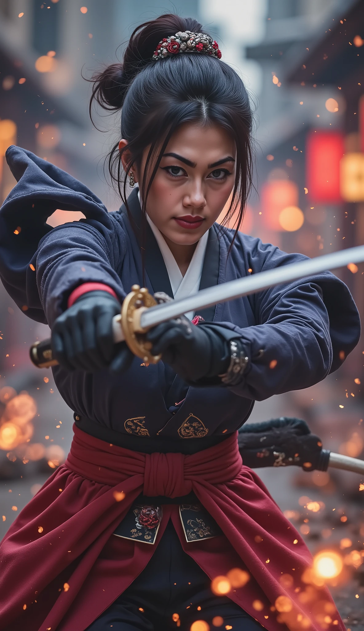 ((character "Atlas", Wearing samurai hakama, long length), Full body composition, dynamic, Alone, samurai sword slashing, moment, slash with the japanese long sword), Quick Dynamic Composition, japanese style, ( name : Atlas /Atlas race:half human and half cruptic\ gender : Female/female special skill : Hi、swordplay favorite food : secret blood type : Type B personality : He is highly cruel. He has a cold personality, but is also kindhearted. He often has a smile on his face even when angry. When he is angry, he turns into a ruthless demon), multicolor dark tone, vivid colorful layer,