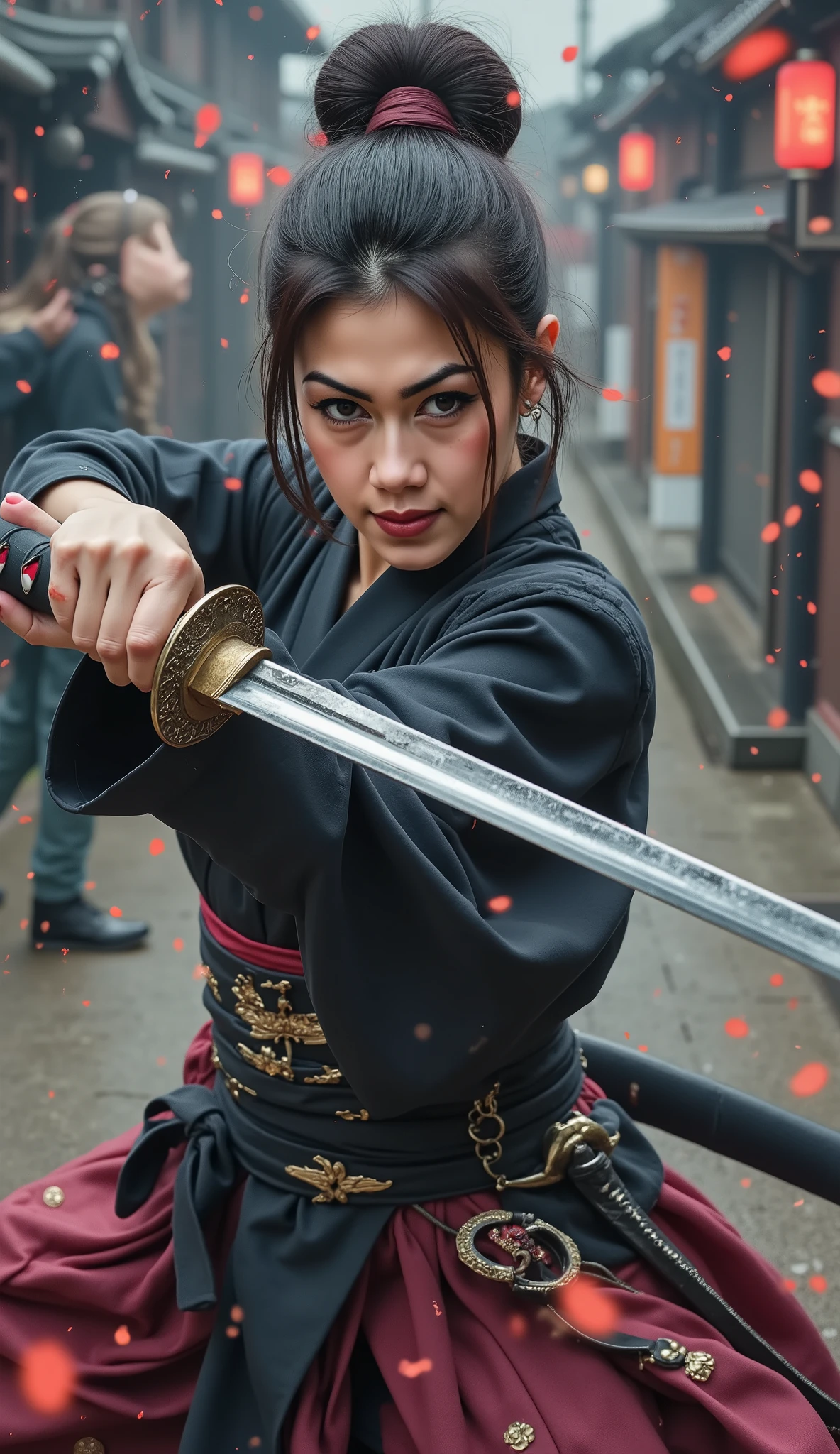 ((character "Atlas", Wearing samurai hakama, long length), Full body composition, dynamic, Alone, samurai sword slashing, moment, slash with the japanese long sword), Quick Dynamic Composition, japanese style, ( name : Atlas /Atlas race:half human and half cruptic\ gender : Female/female special skill : Hi、swordplay favorite food : secret blood type : Type B personality : He is highly cruel. He has a cold personality, but is also kindhearted. He often has a smile on his face even when angry. When he is angry, he turns into a ruthless demon), multicolor dark tone, vivid colorful layer,