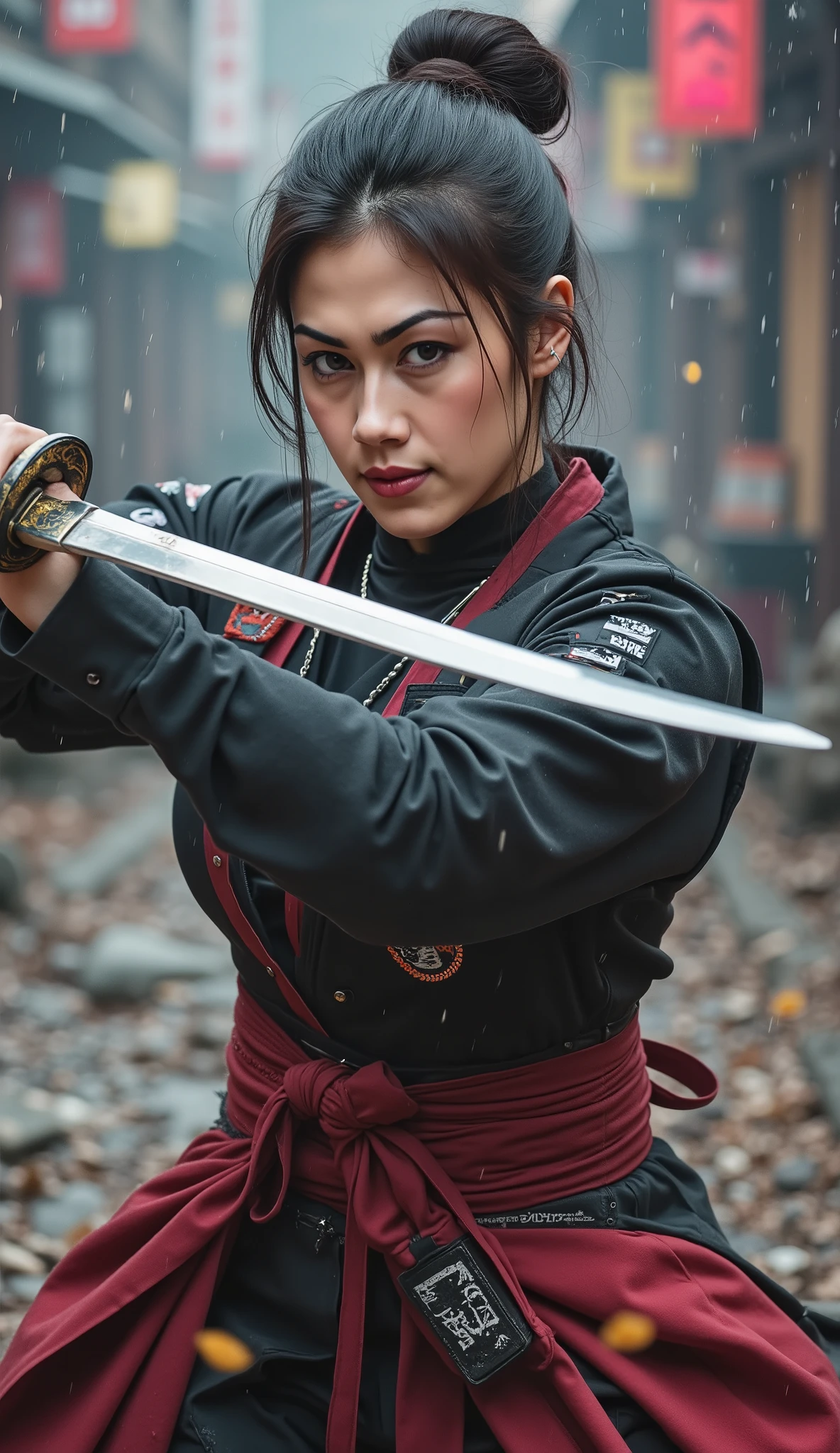 ((character "Atlas", Wearing samurai hakama, long length), Full body composition, dynamic, Alone, samurai sword slashing, moment, slash with the japanese long sword), Quick Dynamic Composition, japanese style, ( name : Atlas /Atlas race:half human and half cruptic\ gender : Female/female special skill : Hi、swordplay favorite food : secret blood type : Type B personality : He is highly cruel. He has a cold personality, but is also kindhearted. He often has a smile on his face even when angry. When he is angry, he turns into a ruthless demon), multicolor dark tone, vivid colorful layer,