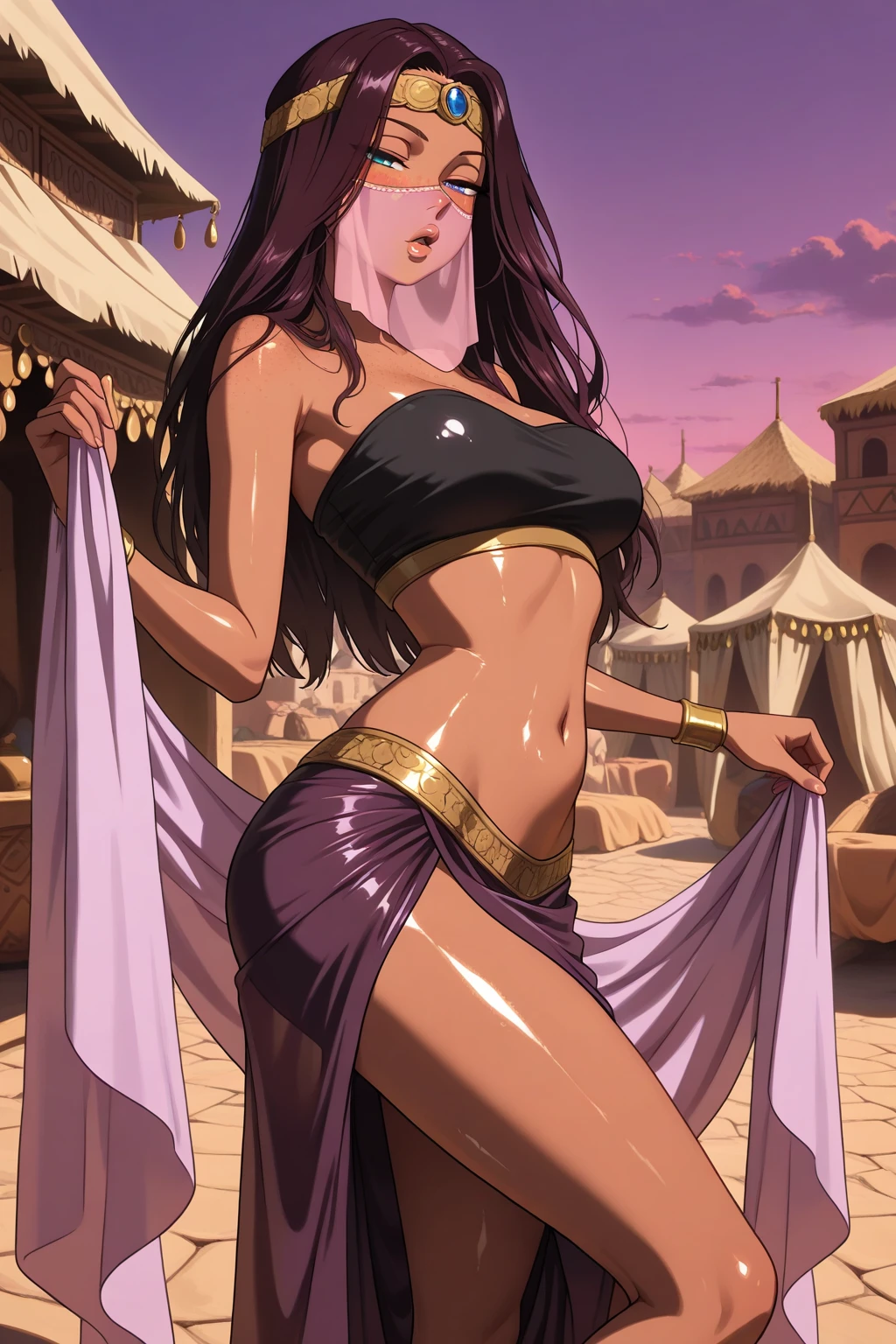 (1girl, solo, masterpiece, 4k, best quality:1.2, (cowboy shot), best quality:1.2, NICE HANDS, COLORFUL, (perfect hands, perfect )), Dark Fantasy style, Dark Fantasy environment, solo, 1girl, chel, tiona hiryute, tharja, 25 year old woman, sorceress, (Dark skin:1.5), purple hair, wavy hair, long hair, purple eyes, mascaras purple eyeshadow, smile, purple lipstick, (covered in tattoos:1.3), medium breasts, waist, slender legs, attractive body, slim figure, perfect shape, (Wearing: golden headpiece, necklace, purple bandeau, golden belt, purple pelvic curtain, sarong, bracer, golden boots:1.2), looking at viewer with an calm smile, fierce and confident posture, both hands glowing bright purple, purple magic, bright purple sparks in both hands, expressive expression, dark and mysterious aura, complex eye makeup, mystical energy radiating from her hands, electric purple orbs swirling around her, (Night time, ethereal and magical atmosphere, outdoors, dark clouds in the sky, purple lighting, stone temple, mount top, stone structures, purple and magenta aroura's in the surroundings, gorgeous view of the mountains)
