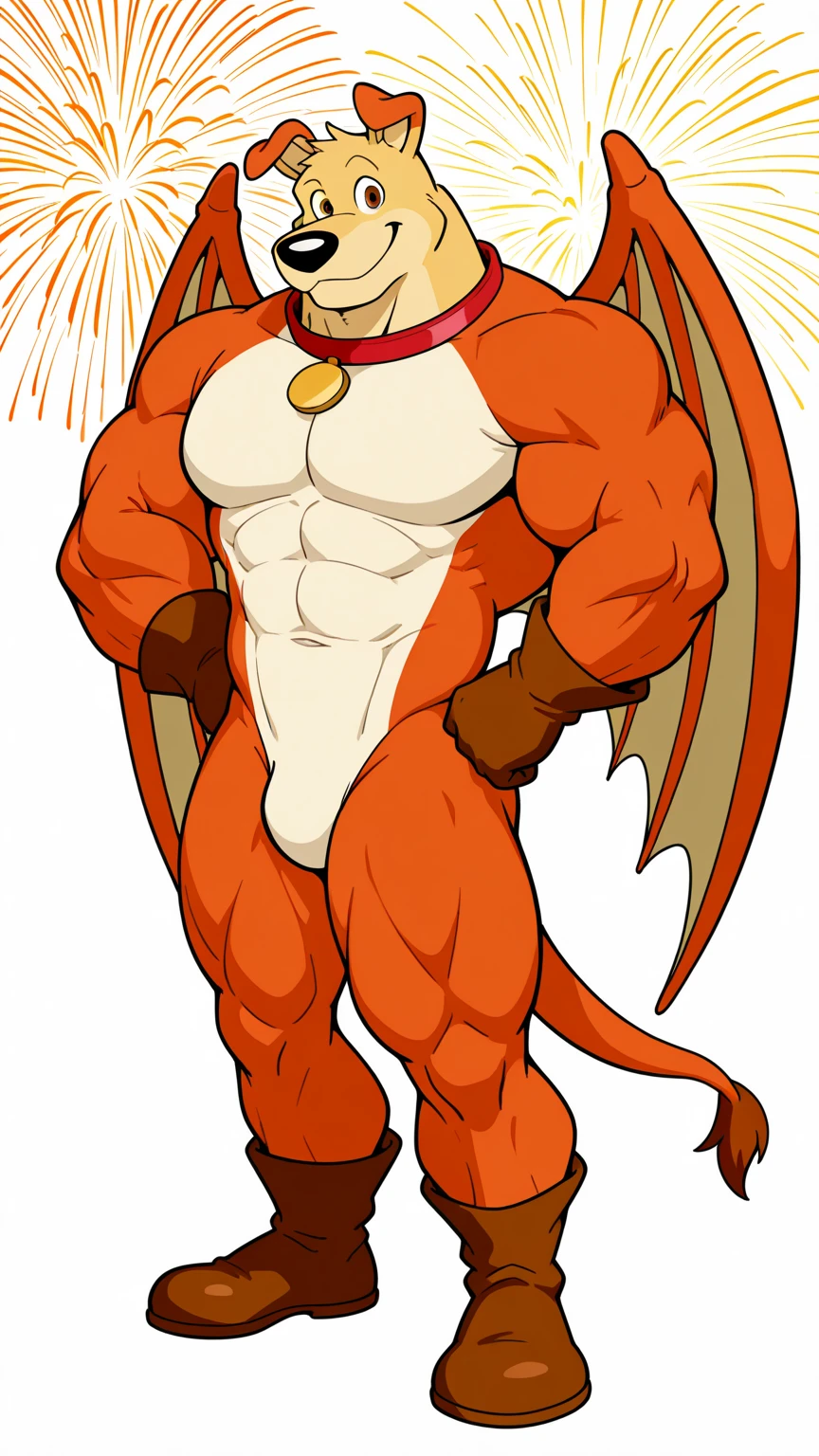 Yellow Dragon Lion, muscular, brown hair, dragon wings, horns, dragon tail, very hairy, Sexil