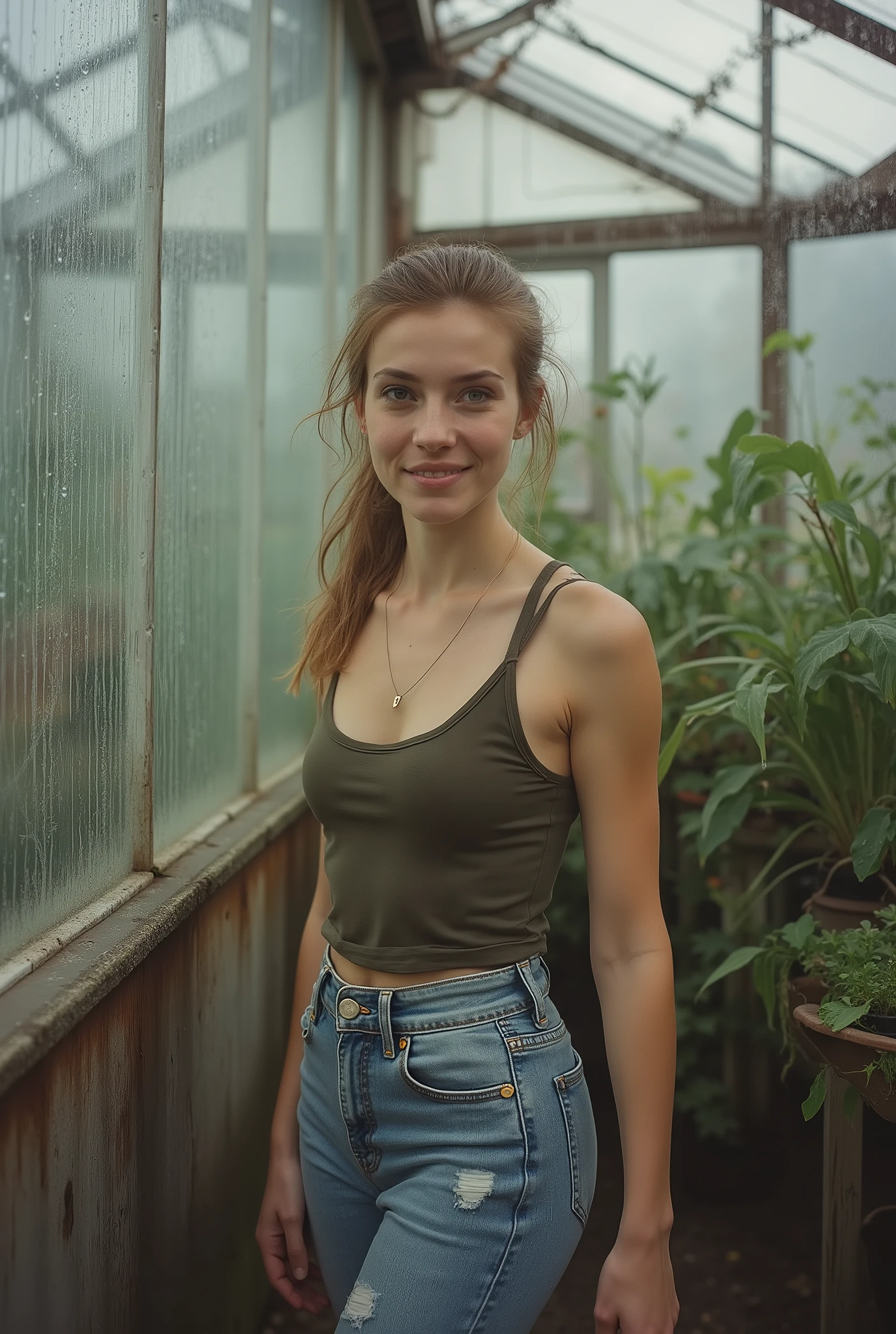 personal photograph full-length shot.
Young European woman with light skin and meticulously middle-parted light-brown hair, styled sleek and perfectly flat against the head, visible gel shine, secured in a tight low sleek ponytail. No frizz, no loose strands.
She wears a fitted tank top and true skinny jeans: tight through hips and thighs, flaring only from the knees to the hem.
positioned in the corner of a mostly empty greenhouse. Rain streaks visibly down the glass walls outside.
Intimate eye contact with the photographer, warm and affectionate expression.
realistic film photography aesthetic
Isolated subject, uncluttered environment, clean composition.