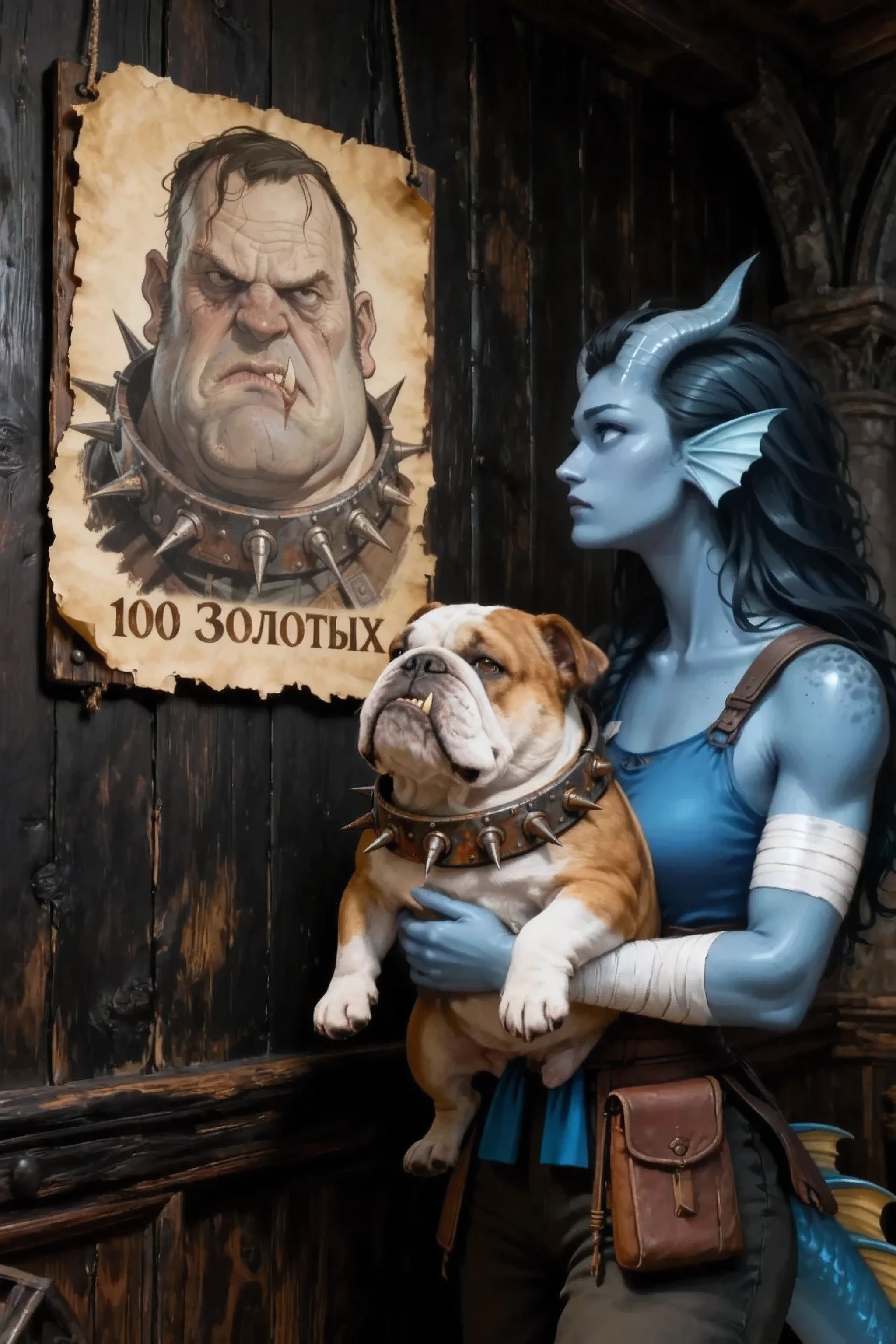 Kedra, (gray skin:1.3), (pigmentation of the shoulder:1.2), (gray-blue hands:1.3), fins on her head, dark blue-gray horns, Loose black hair, bright blue eyes , hand bandages, ( Best hands ). (5 dark blue-gray fingers), dark textured wooden antique wall on the background, holding a bulldog in her arms from the attached image. save the woman's skin color from the attached image with her. woman looking at the poster from the attached image on the wooden wall. Create the atmosphere of a medieval room with dark wooden walls. , the dark atmosphere, darkrain.
masterpiece, best quality, ultra-detailed, Cinematic emotional static frame, 8K UHD, extremely detailed, physical visualization, HDR.