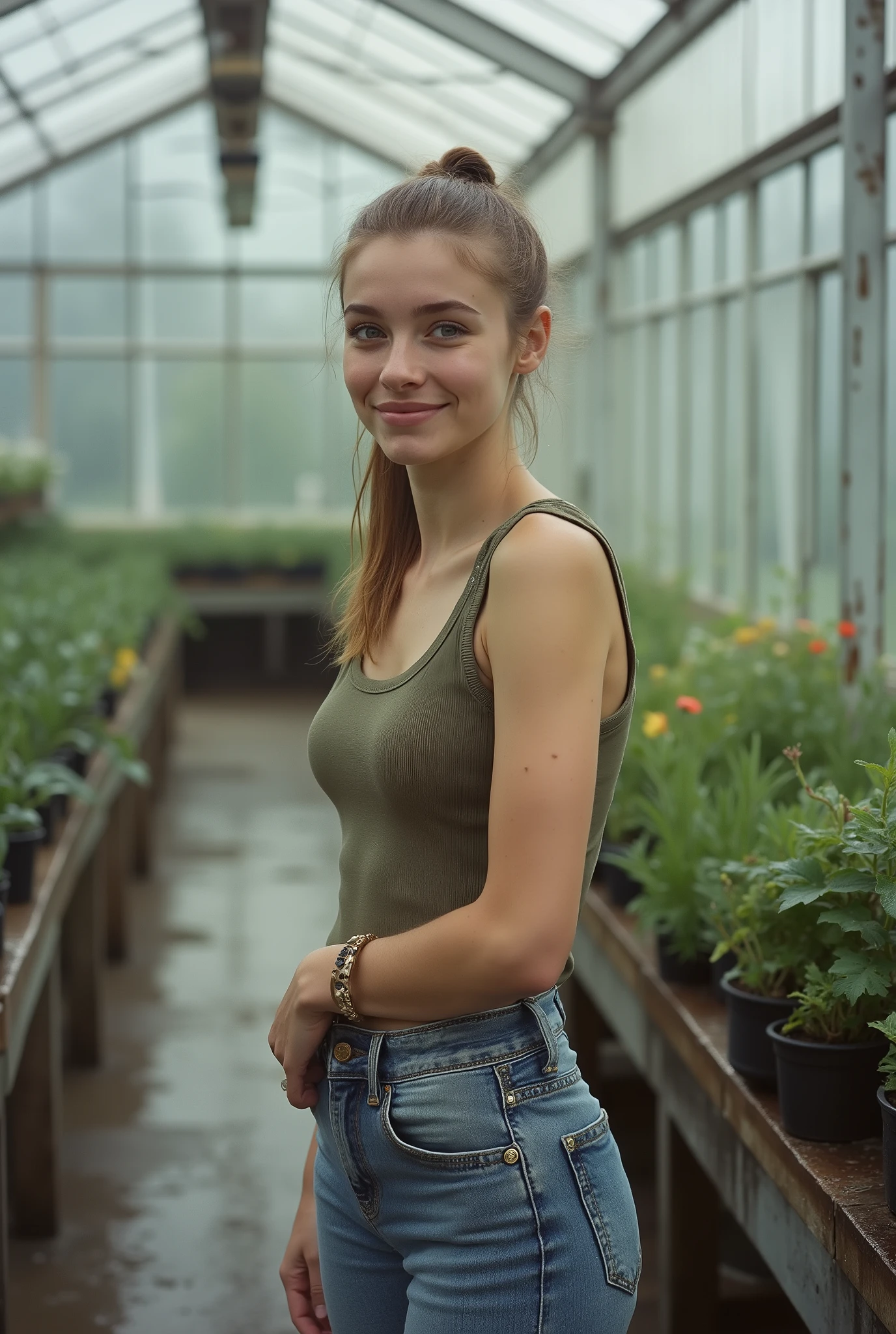 personal photograph full-length shot.
Young European woman with light skin and meticulously middle-parted light-brown hair, styled sleek and perfectly flat against the head, visible gel shine, secured in a tight low sleek ponytail. No frizz, no loose strands.
She wears a fitted tank top and true low-rise skinny jeans: tight through hips and thighs, flaring only from the knees to the hem.
positioned in the corner of a mostly empty greenhouse. Rain streaks visibly down the glass walls outside.
Intimate eye contact with the photographer, warm and affectionate expression.
realistic film photography aesthetic
Isolated subject, uncluttered environment, clean composition.