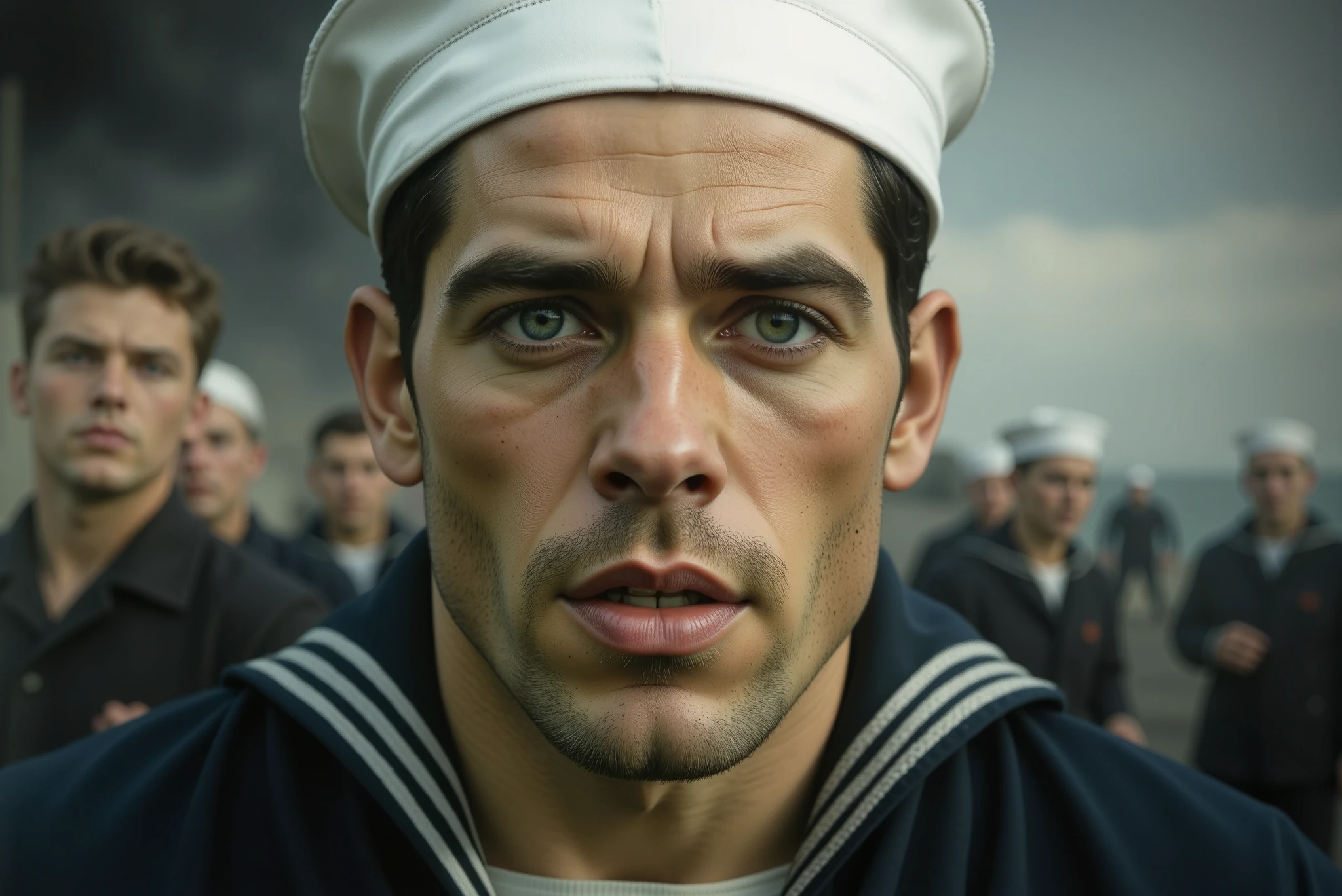 A close-up macro portrait of a white sailor with dark hair and vibrant blue eyes, wearing a 1940s US Navy uniform. The image is in landscape format, hyper-realistic, showing the detailed texture of the skin, including pores, subtle facial hair, and natural lighting. His expression is one of shock, with wide blue eyes and parted lips. In the blurred background, the deck of the USS Eldridge is visible, with some sailors on fire and smoke rising towards the cloudy sky. Other sailors in the background are frozen in mid-motion. A dark-haired white sailor, dressed in a 1940s US Navy uniform, runs frantically across the deck of the USS Eldridge. His expression is deceptive, with wide blue eyes and an open mouth as if he were screaming. The atmosphere is chaotic: parts of the ship in the background are engulfed in flames, with smoke rising towards the cloudy sky. Other sailors in the distance are frozen in mid-motion, blurred by the depth of field, which contributes to the surreal effect. The image is hyper-realistic, cinematic and dramatic, highlighting the frantic movement and destruction caused by the fire around him.