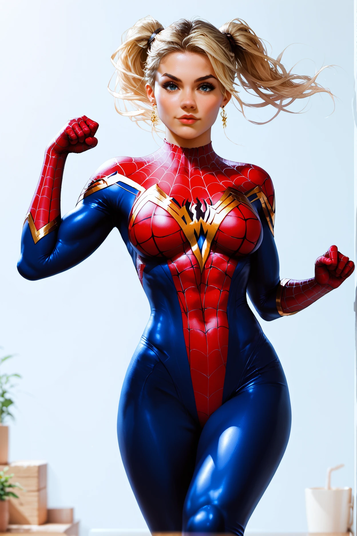 a woman in a spider - (cameron diaz:1.2) as spiderman, spider woman, 17 years old, ( ( spiderwoman ) ), long blonde pigtails, super hero pose, awesome pose, wearing tight suit, spiderman, spiderman!!, posing like a superhero, spider - man
