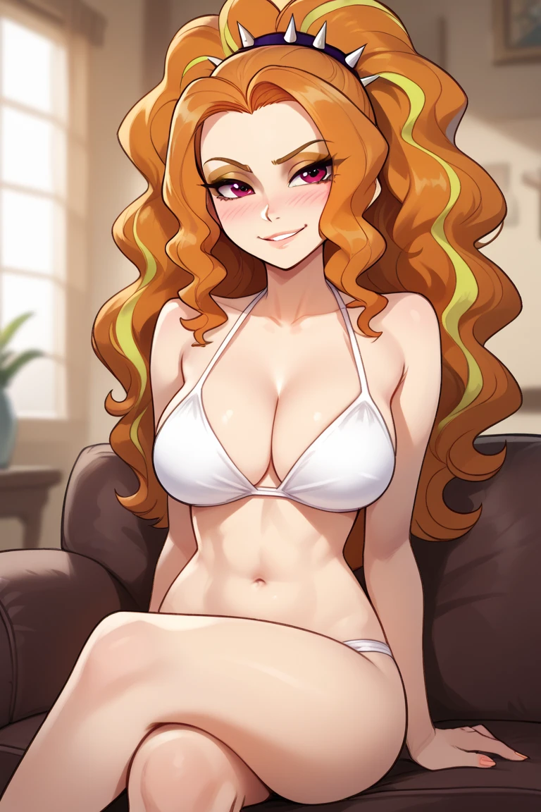 score_9, score_8_up, score_7_up, source_anime BREAK 1girl, solo, shirogane reika, 1girl, solo, female focus, very long hair, blonde hair, wavy hair, forehead, hair vents, yellow eyes, looking at viewer, smile, blush, sidelocks, collarbone, large breasts, cleavage, navel, thigh gap, gluteal folds, standing, hands behind back, bikini, thong, wet, heavy breathing seductive, temptress, rating_questionable