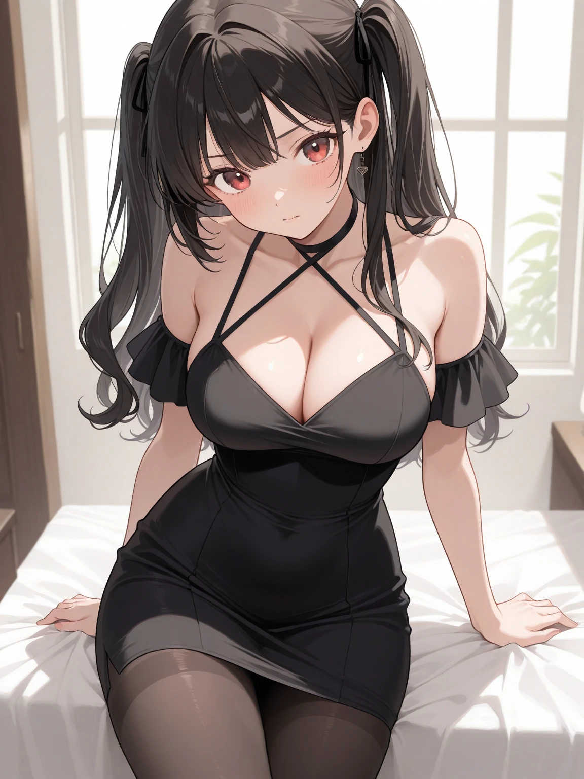 Waiting sitting in a black gala dress 