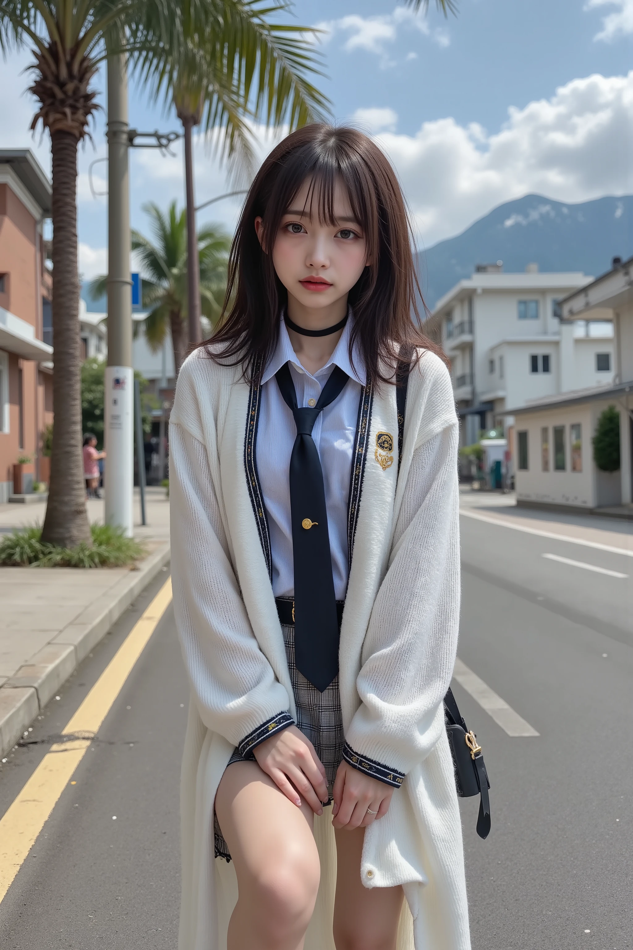 Photorealistic, ultra realistic, ultra high definition,  Increase saturation,
(POV shot), (from front:1.4),  (from below:1.4), (looking up, watching at Viewer:1.4), (full body shot:1.4), Cute Japanese idol, anatomically perfect, 

a  , tall 135 cm, 6 heads, lenth of inseam is half her height. model style body, masterpiece,high quality , gaunt, Lanky, (leggy),( flat chest), (long legs), (skinny legs), (slender thighs), (slender hips), (slim waist),  ( slim figure),

 pale skin with a perfect figure, cute face , beautiful expression, lively face, beautiful hairstyle, realistic
 eyes, beautiful details, realistic skin, beautiful skin, attractive, UltrA Hi-Def , super realistic, realistic, very well detailed, Japanese, medium long curly hair, bangs, brown hair,bright red sexy lips, eyeliner

(black choker, with gold buckle),  (white long cardigan unbuttoned, emblem on left chest, gold edging arround the collar:1.2), (tie, ploud of grey and black:1.4),(under the cardigan, collared shirts, light blue, buttoned, silk:1.2), (under the shirts, mini skirts), (pleated check skirts, ploud of grey and black1.4), (white short socks), ( black penny loafers), 

(she is hugging own leg on the road in front of the bus stop:1.2)

Coasting　The sea on the left、The road on the right、Street trees with palm trees between the sea and the road、 sandy beach、beach、bus stop Shop facing the road、Hotel district、Mountain range in the distance behind the road、snow in the mountains、sunny,

