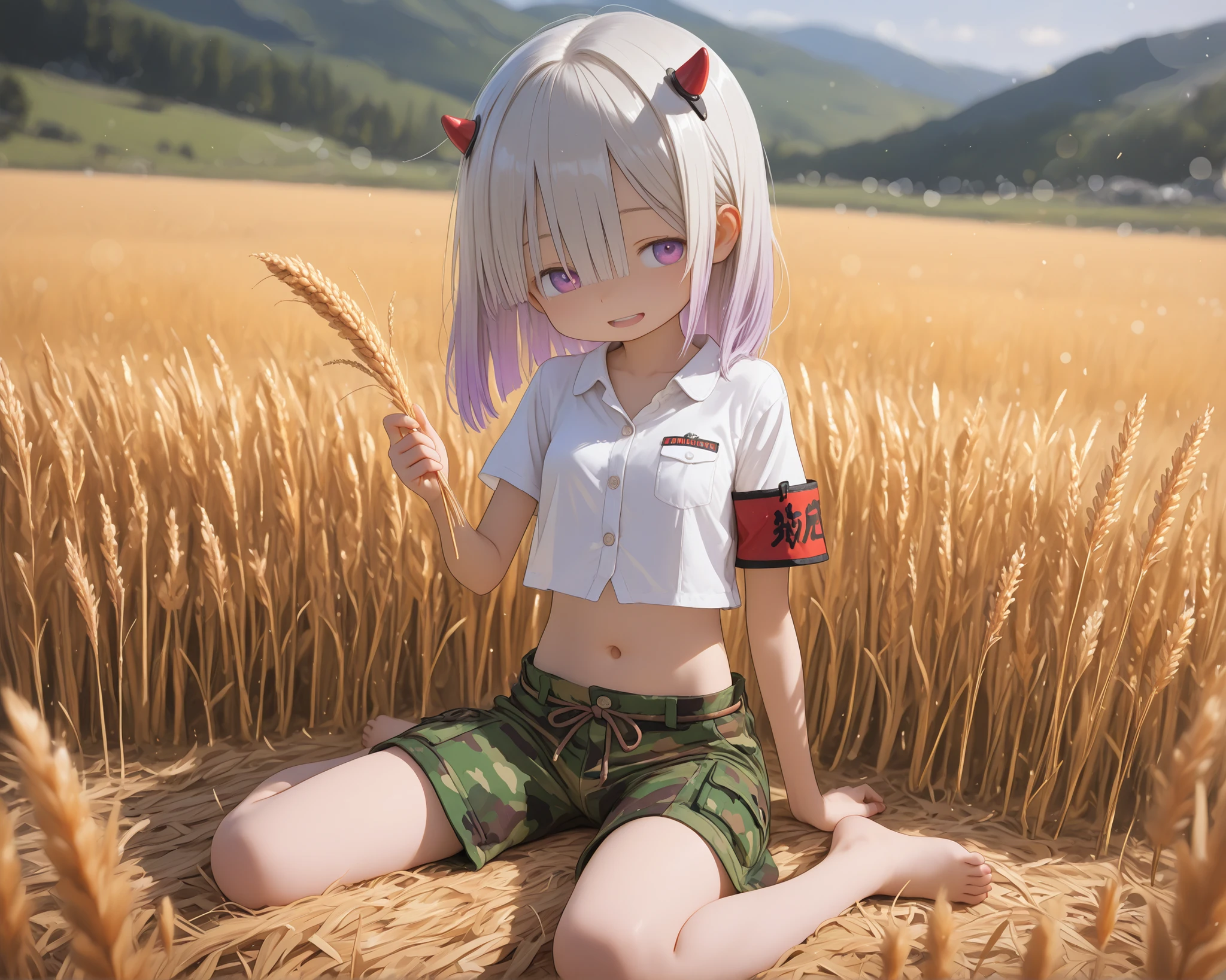 by Tsukushi Akihito, ((Tsukushi Akihito style)), ((Masterpiece)), ((best quality, amazing quality)), ((very aesthetic, absurdres, newest)), ((fading border)), ((detailed background, negative space, blurry background, depth of field, Asymmetrical background)), (dynamic angle, wide shot, from above), (cinematic lighting), ((1girl, solo)), cute young Girl, (Healthy Gaunt body, Textured skin, small , tilt head), (full body), messy medium hair, (hair between eyes, long bangs, long side bangs), (medium hair, platinum-gold hair, unruly hair, gradient hair), Beautiful collarbone, (dazed smile), open mouth, (pale purple eyes, gradient eyes, averting eyes, looking at side), (put on fake horns, cute horns), Beautiful face, BREAK, ((buttoned shirt, shirt overhang, collared shirt, blunt cut, cropped shirts)), arms, cute navel, (Camouflage pattern boxer shorts, string belt), (Military waist bands, Armband ornament), (loose sitting, wariza, on the Barley Rye field, ), (Grab the wheat, wheat in hand), outdoor, bountiful wheat field, wheat fields in the wind, Nostalgic countryside, golden Rye field, (Idyllic atmosphere)),