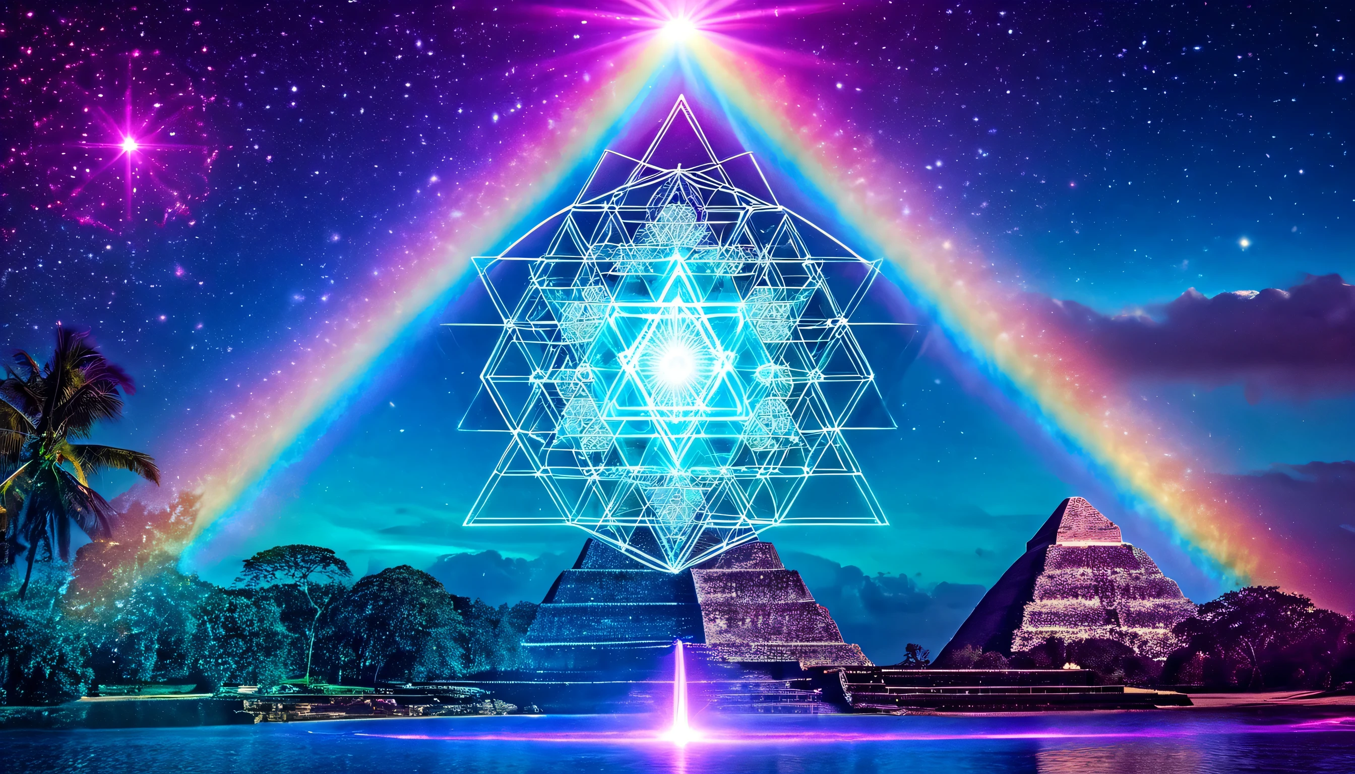 visionary spiritual art 5D, an ethereal feminine being of pure crystalline light that emerges from sacred geometry, radiant aura of prismatic rainbow light, translucent and shiny skin with inner starlight, surrounded by rotating luminous merkabas, Metatron Cubes, networks of the flower of life and crystalline geodesic spheres floating in a multidimensional space, small luminous and playful dolphins made of liquid light jumping through gold-blue waves of energy, sacred temples of light and Mayan pyramids in the background that dissolve into the cosmic ocean at dusk, intense neon-turquoise, electric magenta, color palette of ultraviolet and gold, Intense glitter, rays of light that cross dimensions, refractions of the rainbow, holographic overlays, high-vibration ascension energy, intricate overlays of sacred geometry, surreal psychedelic visionary art, ultra detailed, hyper-real but ethereal, inner eye style, masterpiece 8k --ar 16:9 --stylize 750 --v 6