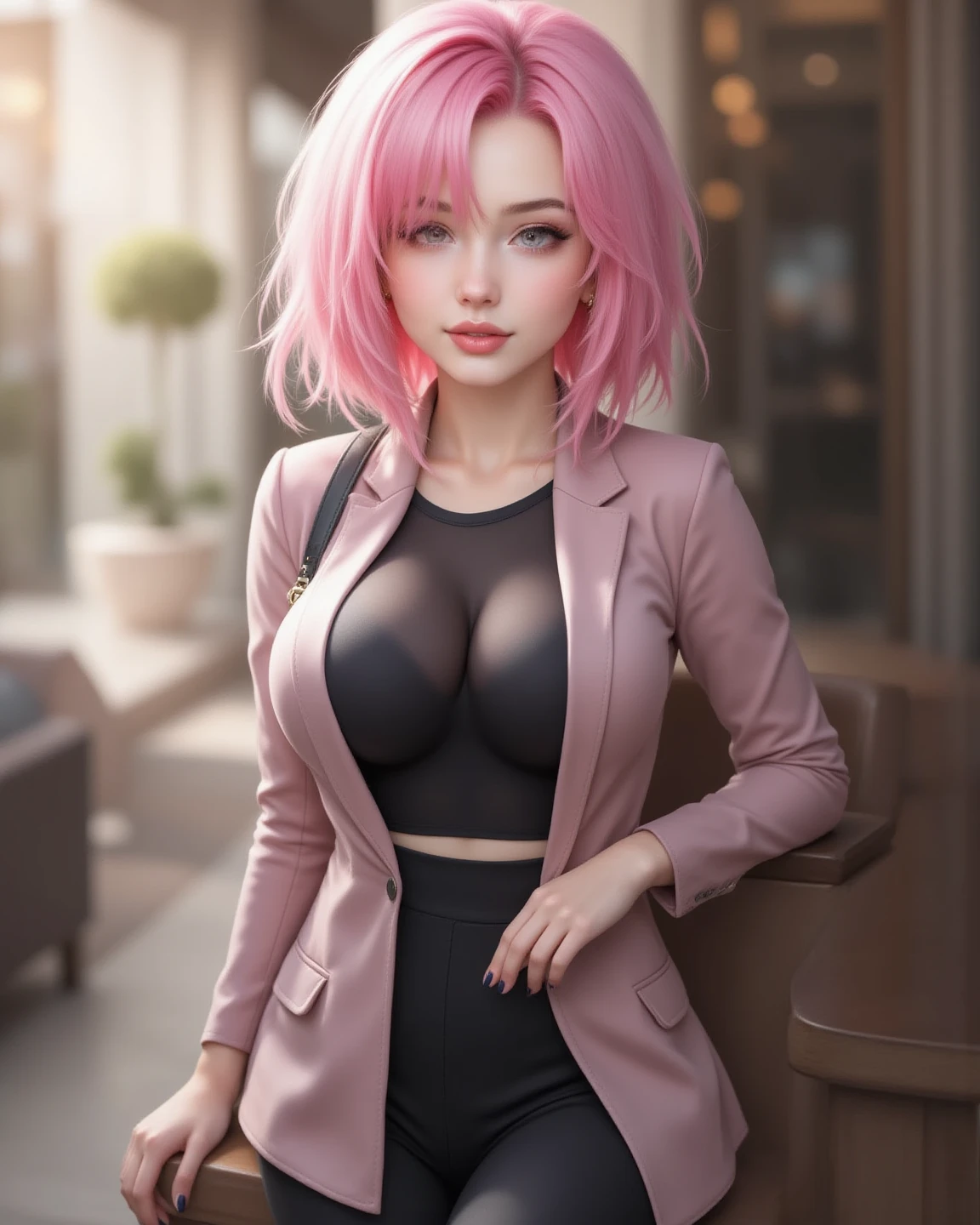 haruno sakura from anime naruto, pink hair, short hair, wearing mascara, perfect body, perfect breasts, beautiful woman, very beautiful, wearing red formal shirt, dapper dress, formal attire, wearing white blazer, white pants, wearing handbag, wears watches, wearing earrings, being in town, roadside, public space, Realism, masterpiece, textured leather, super detailed, high detailed, high quality, best quality, 1080p, HD, 16k