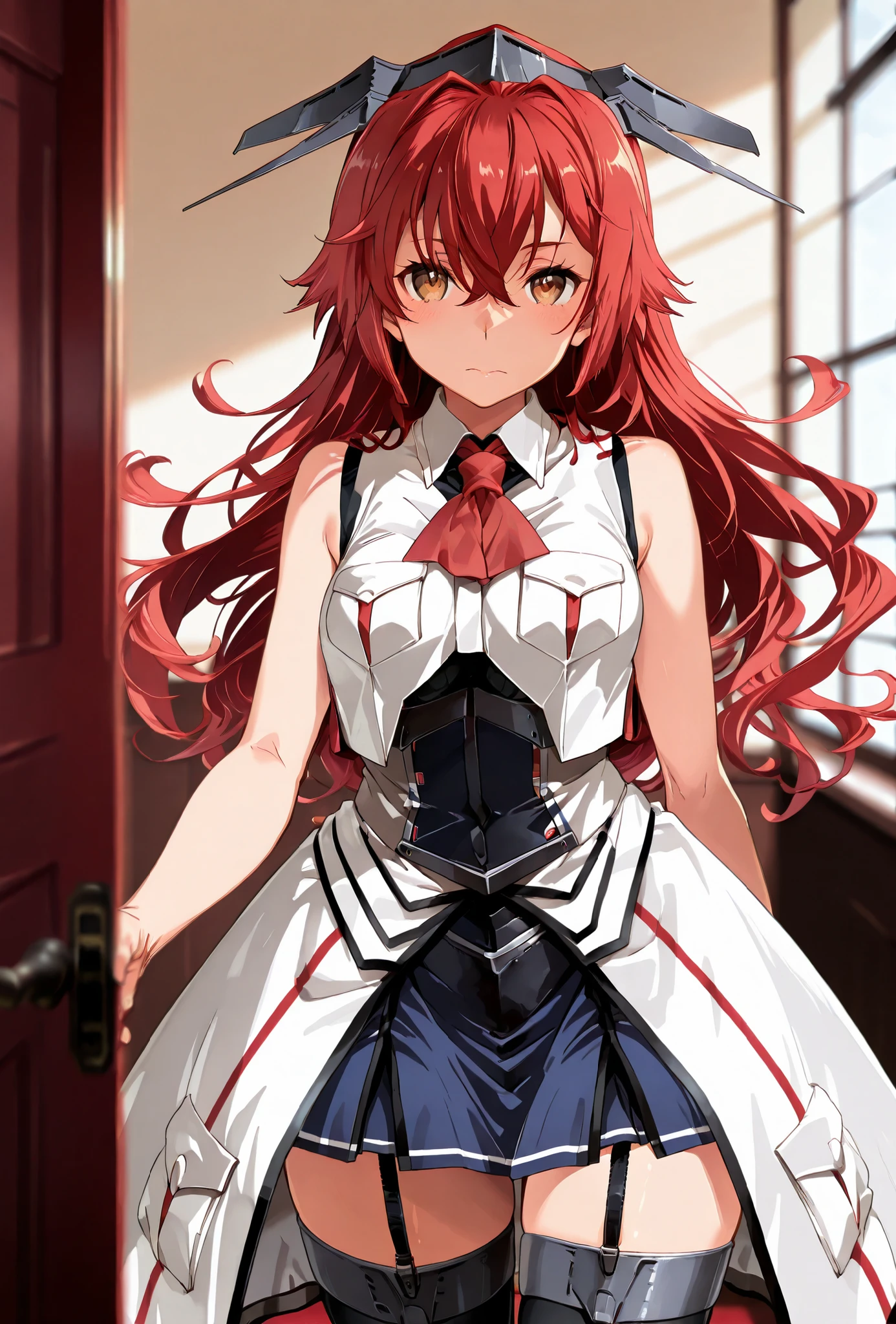 phoenix_(kancolle), (kantai collection), score_9, score_8_up, score_7_up, source_anime, top quality, , Official Art,, masterpiece, ultra-HD, high detail, depth of field, top quality, 8k, top quality, ergonomic,Official Art, 1 Girl,solo, anime keyvisual, slender, phoenixKC,red hair,long hair, hair between eyes, black thighhighs, headgear, sleeveless, black shirt, blue skirt, military uniform, white jacket, headgear, garter straps, breast pocket, red ascot, sleeveless jacket, overskirt, neckerchief, undershirt,