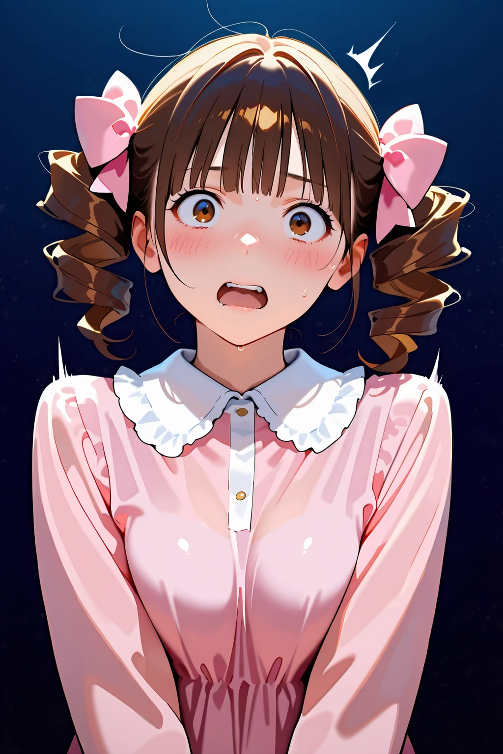photorealistic,
blunt bangs, brown hair, twin drills, brown eyes, pink bow, hair bow,JogasakiHimeko_T2V3,score_9, score_8_up, score_7_up, score_6_up, score_5_up, score_4_up,
1female adult, solo,
JogasakiHimeko_T2V3, blunt bangs, brown hair, twin drills, brown eyes, pink bow, hair bow,
pink dress, collared dress, frilled shirt collar, long sleeves, sugged breast, braless,
looking at emptiness, so shocked, solid eyes, weeping, blush, teeth crenching or wide opened mouth, , emotional climax,
dark empty background, upperbody close up,