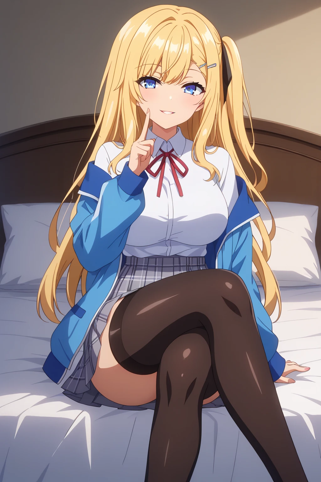 Background Bedroom、Blue Eyes、Hairstyle: Medium-long blonde、Shy face、Big Breasts、Sit on the bed、CA Uniform
