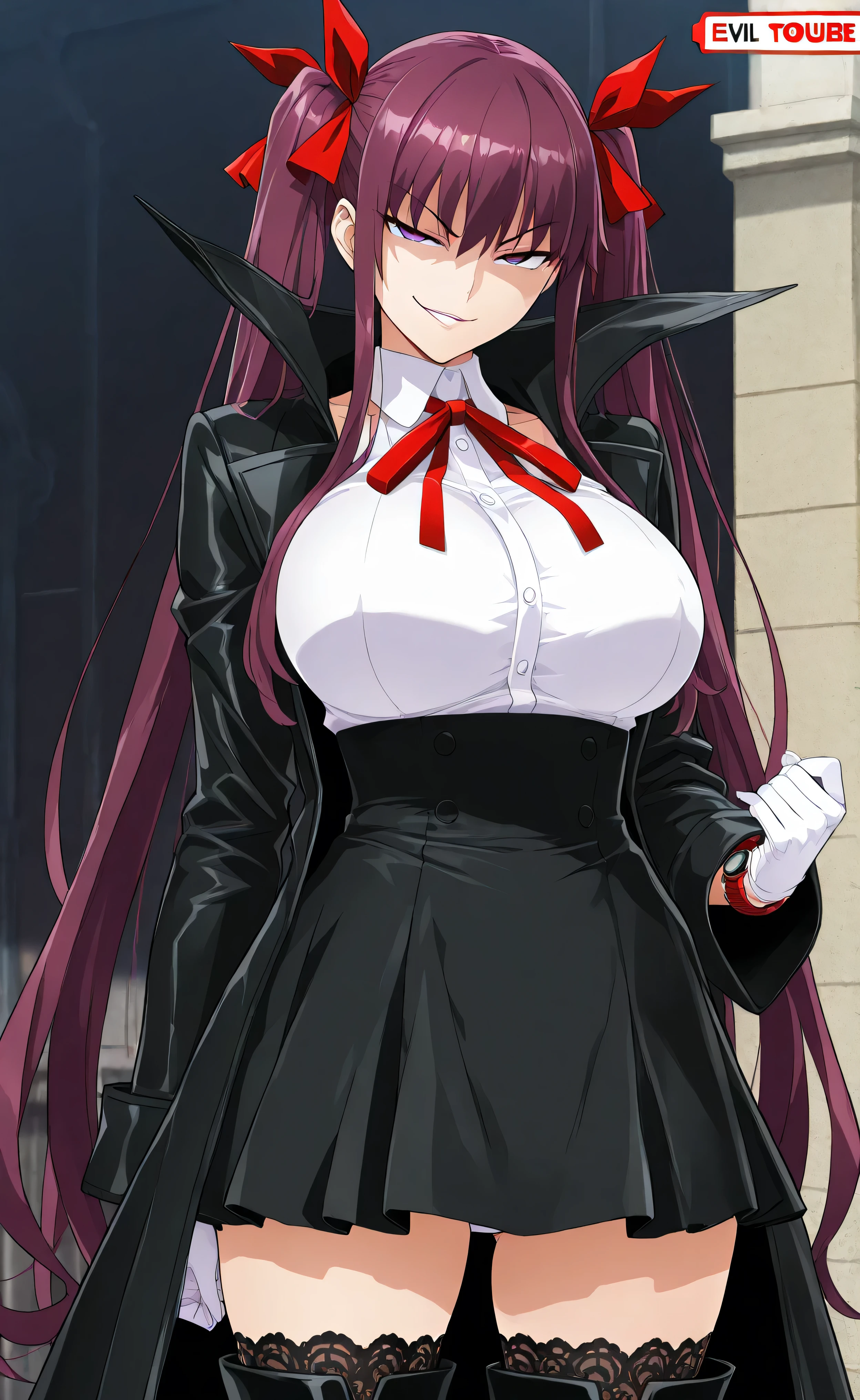 high resolution photo, masterpiece, top quality, great quality, official art,
1girl, (-UFOTABLE style, youtube anime), watch viewers,
, day, solo, 1girl,(was tortuous),BREAK,big boobs, BREAK solo, , watch viewers, thick body that looks arrogant,,,,,,,,,,,,, ,,
bb,destiny, ridiculously long hair, purple hair, purple eyes, A strand of hair, red hair ribbon that propagates, white leotard, red lace trim, black coat, long breasts,neck ribbon、red ribbon、white shirt、black skirt、high waist skirt、white gloves、black thigh boots、Lace Trim Legwear、black coat、Collar up、、femdom、(evil smirk:1.5),