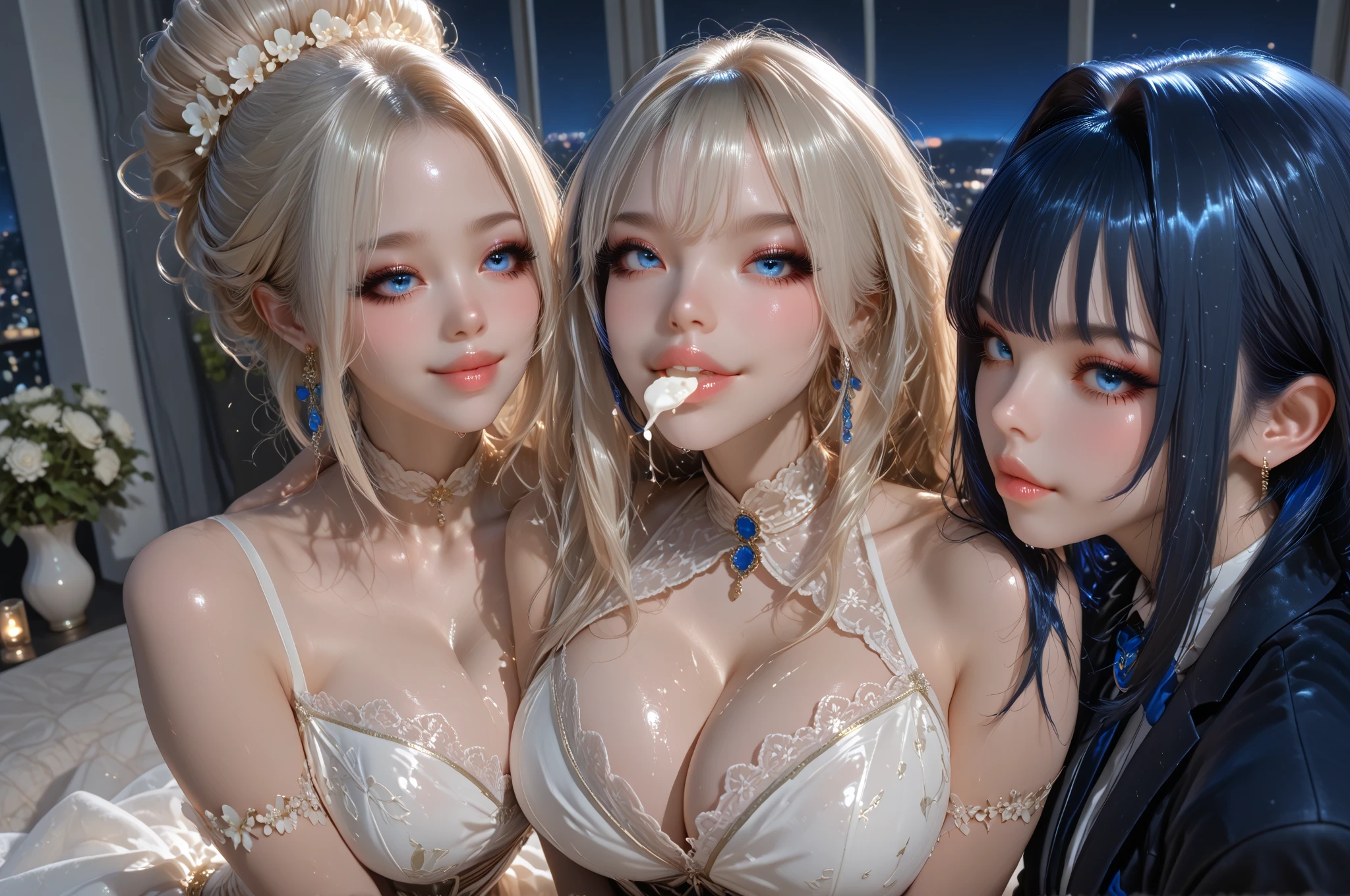 Blonde gray hair, Straight hair, Spread hair, Long hair, PUPILS SPARKLING, long eyelashes, Blue eyes, makeup, Smile, Color Field Painting, Contemporary art, Northern Renaissance, Blurred, blending, From below, From Side, the panorama, ultra wide-angle, Wide Angle, F/1.8, 135 mm, canon, nffsw, retinas, masutepiece, Elaborate, Anatomically correct, Skin Texture, Super Detail, high detailing, High quality, hight resolution, 1080p, hard disk, 4K, 8K, of the highest quality,  ???? Pose (Neon lights of skyscrapers glitter in the background),(Black lace panties)(top-quality)、 (​masterpiece)、(Professional lighting with fewer shadows)、 (A hyper-realistic)、 (perfect anatomia)、 (In front of the camera、There are two women、Daughter showing ??????? and daughter showing ????????? and forehead、And moles under the eyes), ( ????????????:1.3), (Bright and even whitening skin without wrinkles and steps:1.5), (Beautiful blue eyes with long eyelashes and red tear bags:1.5)、 (Although her costume is ?????, Only sailor collars are worn as small pieces of cloth:1.5), (Two people are surrounded by flowers, Proudly stick out your ????? in front of the camera:1.2), (Another person on the other side、Turned back with arched ????、Expose your proud big ???:1.3), (One hand behind the head, A beautiful face is a beautiful smile with lowered eyebrows),((wet translucent ?????????)),((????????))、