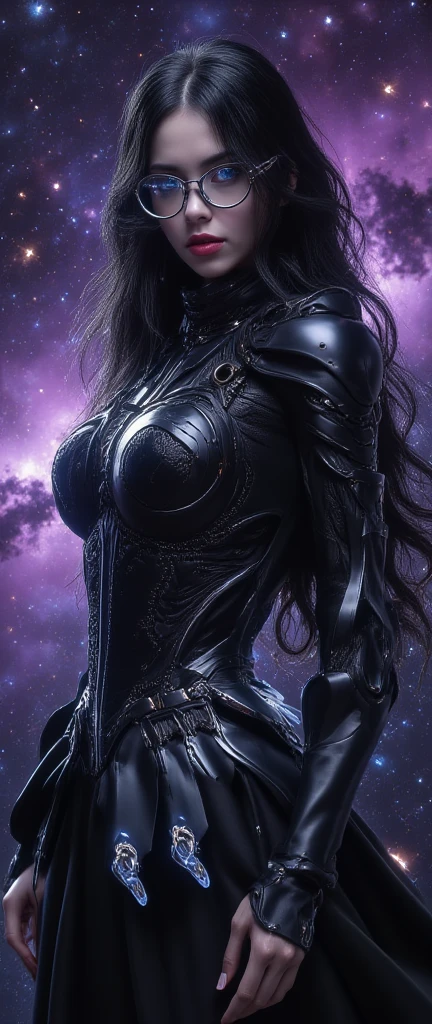 ((This is a dark masterpiece with deep shadows.)) Generate a female dark divine being with ((pure black galaxy skin)). Her face is onyx black but still detailed and stunning. (Her face is important and has realistic shading and puffy lips). Her (opaque) eyes are luminous and shimmering in hues of purples and blues. (Her torso is important). This image is compelling with dynamic composition and energetic posing. Include many fantasy details such as bumps, phantasmal iridescence, glitter, galaxy, cosmos, ((dark celestialskin body, void cosmic body)), (((dark background))), (((lights off))), (((hollywood dark))), horror, dramatic shadows, (in a dark fantasy space:1.3, glitter, sparkle, gleam), female torso
