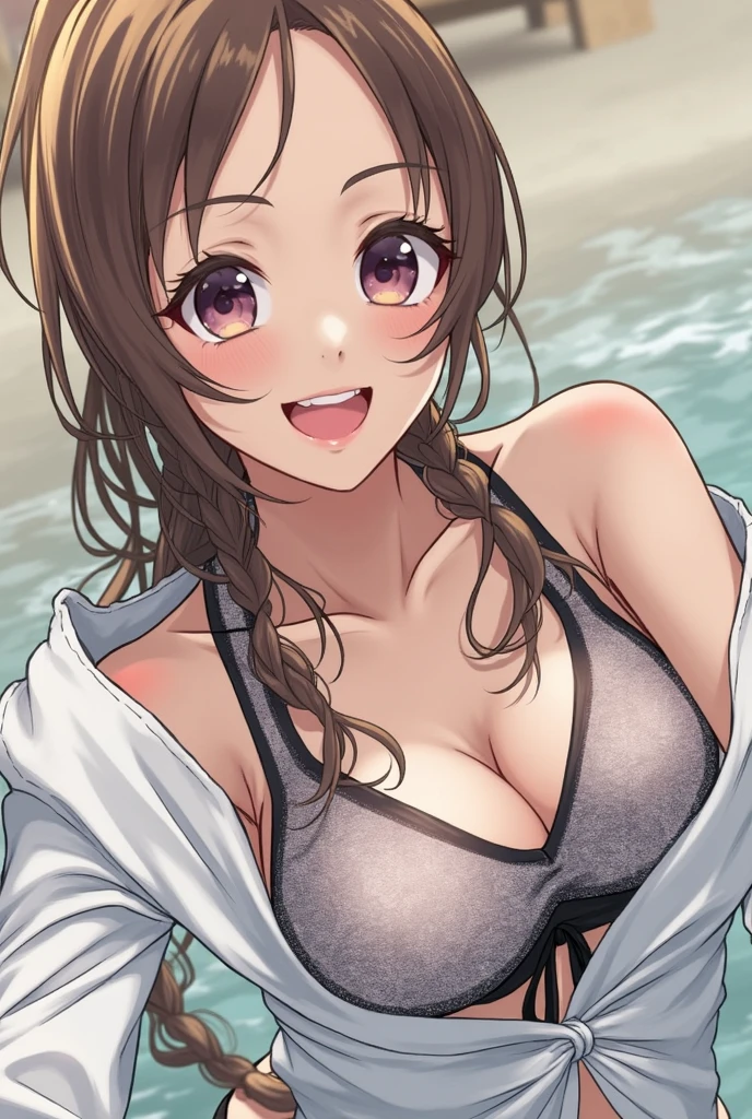 cowboy shot, detailed face, upper body view, detailed body, 4k, Sumergai Lee Noriega, best quality, anime style, hires, highest definition, digital blending, bold drawing lines, ((), (slender body), mature woman, (female wrestler, white wrestling bikini), cheerful, gorgeous, smile, (closed mouth), (pale skin, shiny skin, lighting and shadow), (cleavage), (clean face), (warming up), closed fists, (brown hair, curly hair, long hair), 27 years old, sexy