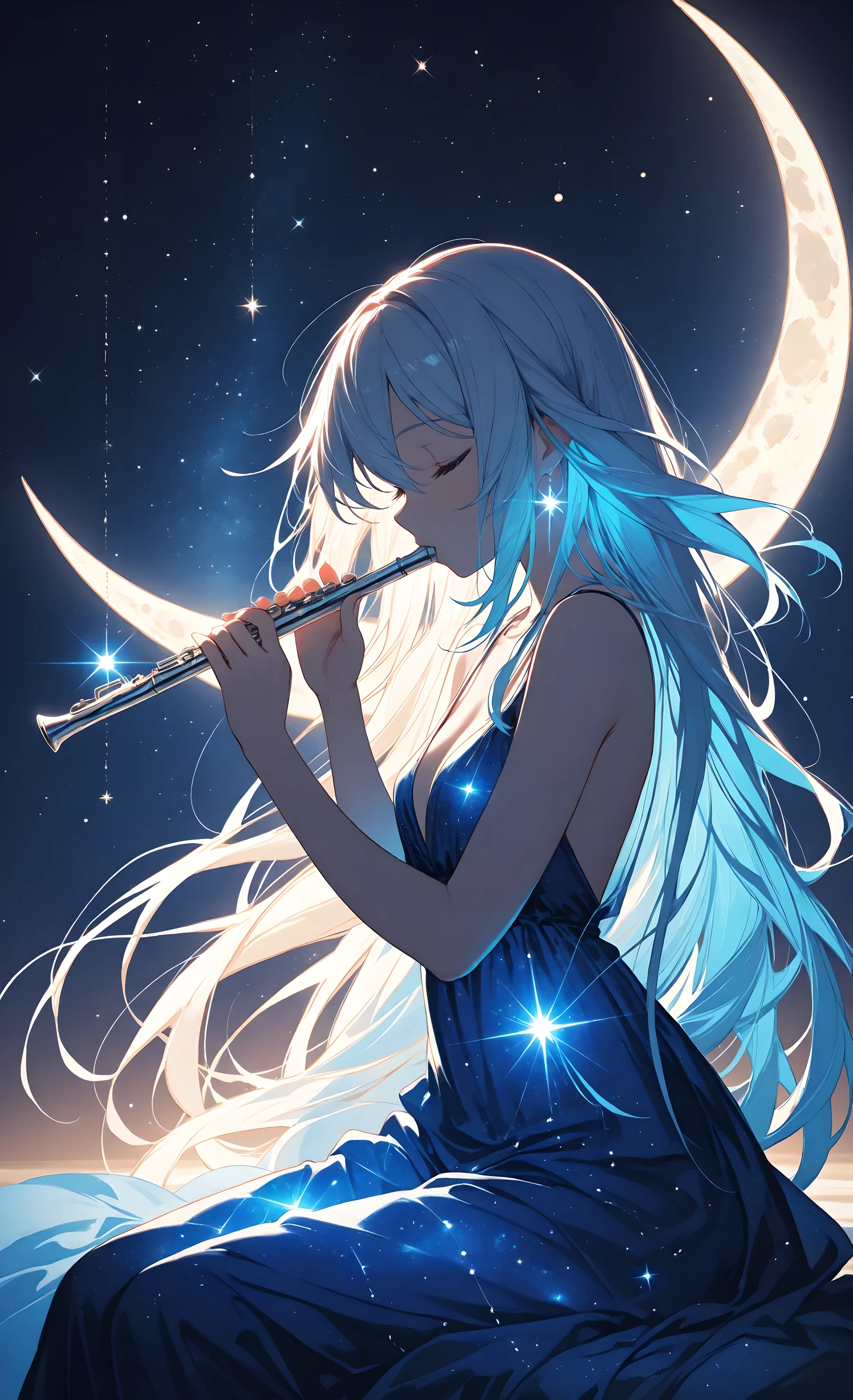 (low key lighting:1.3), (silhouette:1.2), (rim lighting:1.3), (backlight:1.3), solo, ultra-detailed, high detail, best quality, masterpiece, sharp focus, detailed shadows, vivid colors,A young girl sits gracefully on a glowing crescent moon, playing a delicate silver flute with her fingers gently placed on the instrument's keys. She has flowing hair and wears a flowing, ethereal dress that seems to blend with the starry surroundings. Her expression is serene and focused as she creates enchanting music. The night sky around her is a deep, velvety blue filled with countless shimmering stars and distant galaxies. Magical, soft lighting illuminates the scene, casting gentle glows on both the girl and the moon. The crescent moon itself appears textured and celestial, with subtle craters and a soft luminescent glow. The overall atmosphere is mystical and peaceful, with detailed celestial elements creating a dreamlike, fantasy setting. score_9