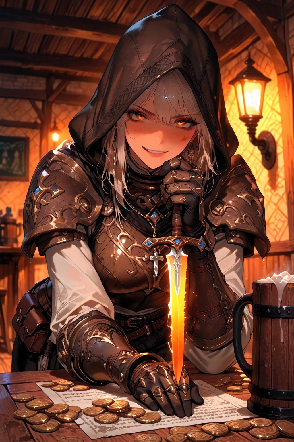 (Highest quality, masterpiece), (Ultra-high resolution, 8k RAW photos, Photorealistic:1.5, Cinema Lighting, Fabric Shading, Thin contours, Clear focus:1.2), Beautiful mature woman, Leaning forward, Long legs, Pastel colored hair:1.3, (Wearing thin glasses:1.5), (Mature Woman:1.5, 28 years old, alone),  (1 female:1.6), (Large Breasts, Saggy breasts, big , Tight waist), whole bodyesbian, (very short hair:1.8, Pastel colored hair:1.3, ), (thin and bright pupils, Highlighted, detailed eyes:1.3, A face with attention to detail, perfect face shape, Bloodshot eyes), (A  smile, Half-close your eyes:1.2), (Looking at the audience:1.3), (Dutch Angle, whole body:0.5, From below:1.5), ((Correct :1.5, The right move)), (Ideal body proportions),(((Fluttering lace flared , Sexy silver armor with attention to detail:1.5、red and black boots、Silver Helmet、Silver Gauntlets、Jeweled、Gold decoration)))、Slender、(Thighs Thighs Thighs Thighs:0.8)、(At the bar、Artistic stained glass、Hello Point、Mysterious、Particles of light、Solemn、Nikko is、colorful、Fantastic:1.2)、(Fantastic:1.3)、(Female knight with sword:1.8)、Cross Necklace:1.2, (Dynamic pose),