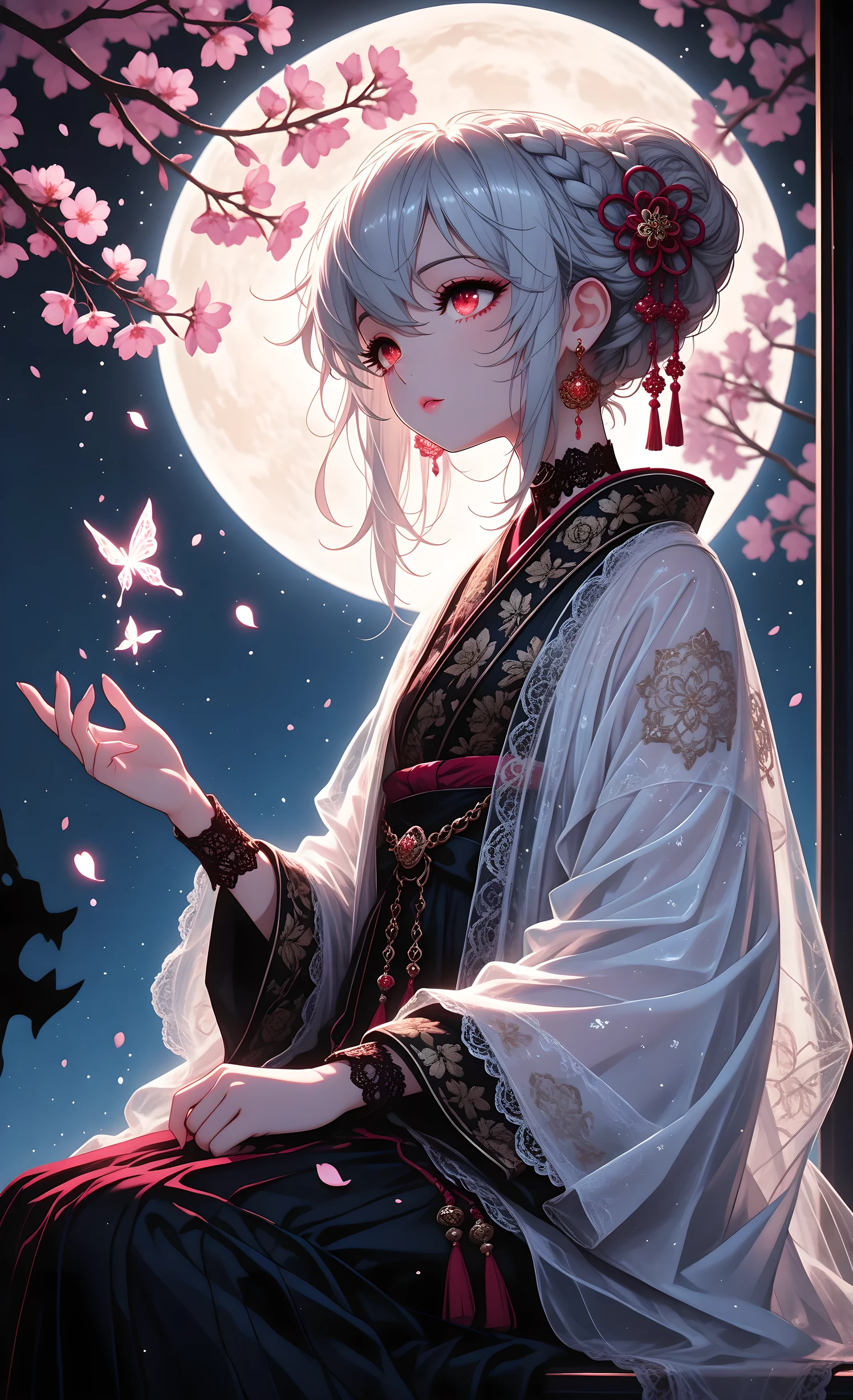 dark fantasy, low key lighting, silhouette,(low key lighting:1.3), (silhouette:1.2), (rim lighting:1.3), (backlight:1.3),,ultra-detailed, high detail, best quality, masterpiece, sharp focus, detailed shadows, vivid colors,perfect hands, correct hands, accurate fingers,
(masterpiece, best quality, ultra-detailed, 8k, vivid colors, highly aesthetic, anime illustration, surreal atmosphere), luxurious fabric, veiny, (EyesHD:1.2), masterpiece, best quality, ultra-detailed, very aesthetic, sharp focus, depth of field, vibrant colors, ray tracing, best lighting, detailed illustration, cinematic, beautiful face, beautiful eyes, (anime coloring:1.5),
glossy lips, glossy hair, long eyelashes, delicated eyes, ornate accessories, earrings, bangles,
(masterpiece, best quality, ultra-detailed, 8k,
anime watercolor illustration, sumi-e ink wash style,
soft dreamy moonlight, glowing petals, delicate lines)
1girl, moonlit sakura goddess, sitting on a cherry tree branch,
very long shiny silky glossy silver hair, braid bun, hair ornaments,
red eyes, glossy lips, porcelain skin
luxurious flowing kimono with long trailing skirt,
silky translucent shawl, ornate embroidery, soft shimmering accents,
delicate jewelry
night sakura in full bloom, glowing petals drifting,
full moon, faint mist, luminous particles, gentle bokeh,
mystical divine atmosphere, watercolor-ink fusion light
pose, angle, scene, situation,Strong visual flow, oil painting, watercolor, line, portrait, colorful, Masterpiece, best quality, latest, flat illustration, anime style,