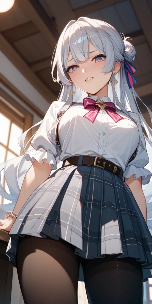 General Details: very detailed, very high resolution, exceptionally high resolution, exceptionally detailed, best quality, 3D artwork, perfect lighting and shading, perfect work, 1 girl, beautiful hands, perfect hands
Not  (): (:-1.5)
Clothing: clothing, (simple dark grey pleated short skirt:1.4), (shiny gold-buckled black leather belt:1.3), (dark blue bow tie:1.2), short sleeves, white shirt, white buttoned shirt
 Expression: small smile at the corner of the mouth, very sly eyes
Pose: standing, modeling, looking at the viewer
Character Traits: slender, kawaii, perfectly symmetrical face, soft pinkish cheeks, super cute girl, super cute face, exceptionally detailed eyes, exceptionally detailed hair, extremely cute, extremely beautiful
Background: stargazing field, night, dark, deep depth of field, exceptionally detailed background
Additional Physical Traits: large B-cup breasts, wide hips, large thighs, beautiful long legs, , short
Hairstyle: (ahoge:1.2), (short bob with  bangs), one side ponytail on the left, hair between the eyes, pale yellow hair with white tips, bright purple eyes.