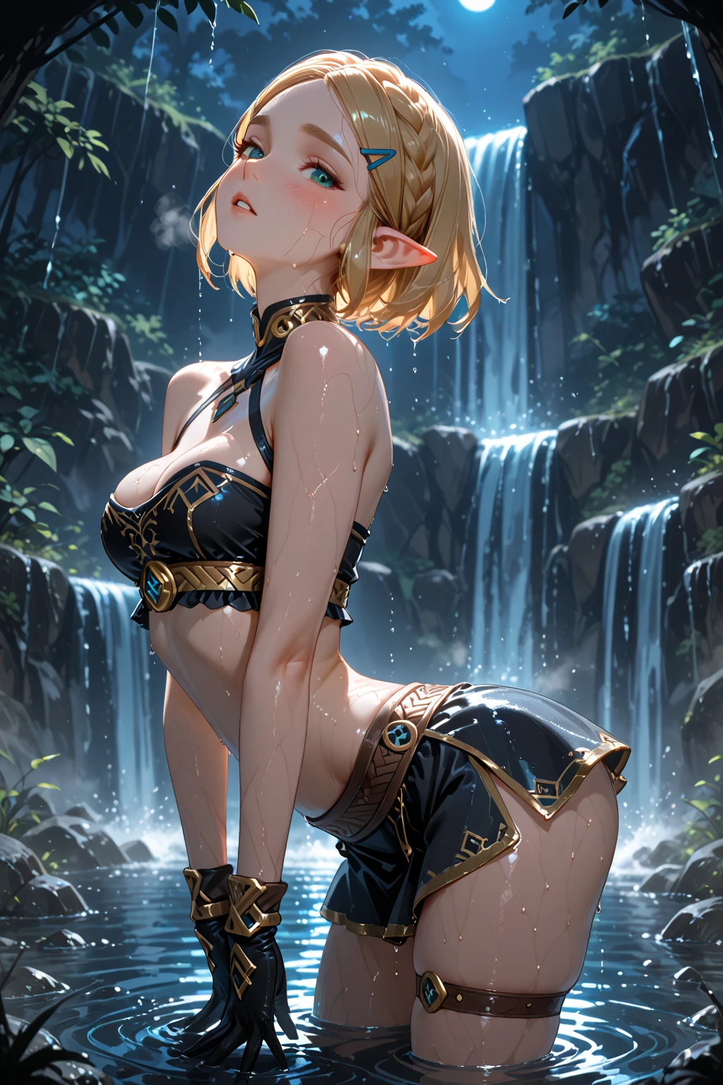 2D illustration, anime-style, beautiful girl, elf, (12 years old), blonde, blue-eyed, hair ornament, smiling, holding a magic wand in her right hand, , open chest, sheer white ultra-thin fabric,  ancient-style robe, (without )), (The tip of the chest is colored and raised and protruding))), (((The entire chest is showing through)), floating hem, collar, bangle, anklet , sandals, (((figure up, low angle, crotch up)), (((((  crotch))), (((crotch droplets)), wet body, wet clothing, ancient ruins eroded by vegetation, waterside, water surface light, magic light, starry sky, wind blowing, ambient occlusion, halation