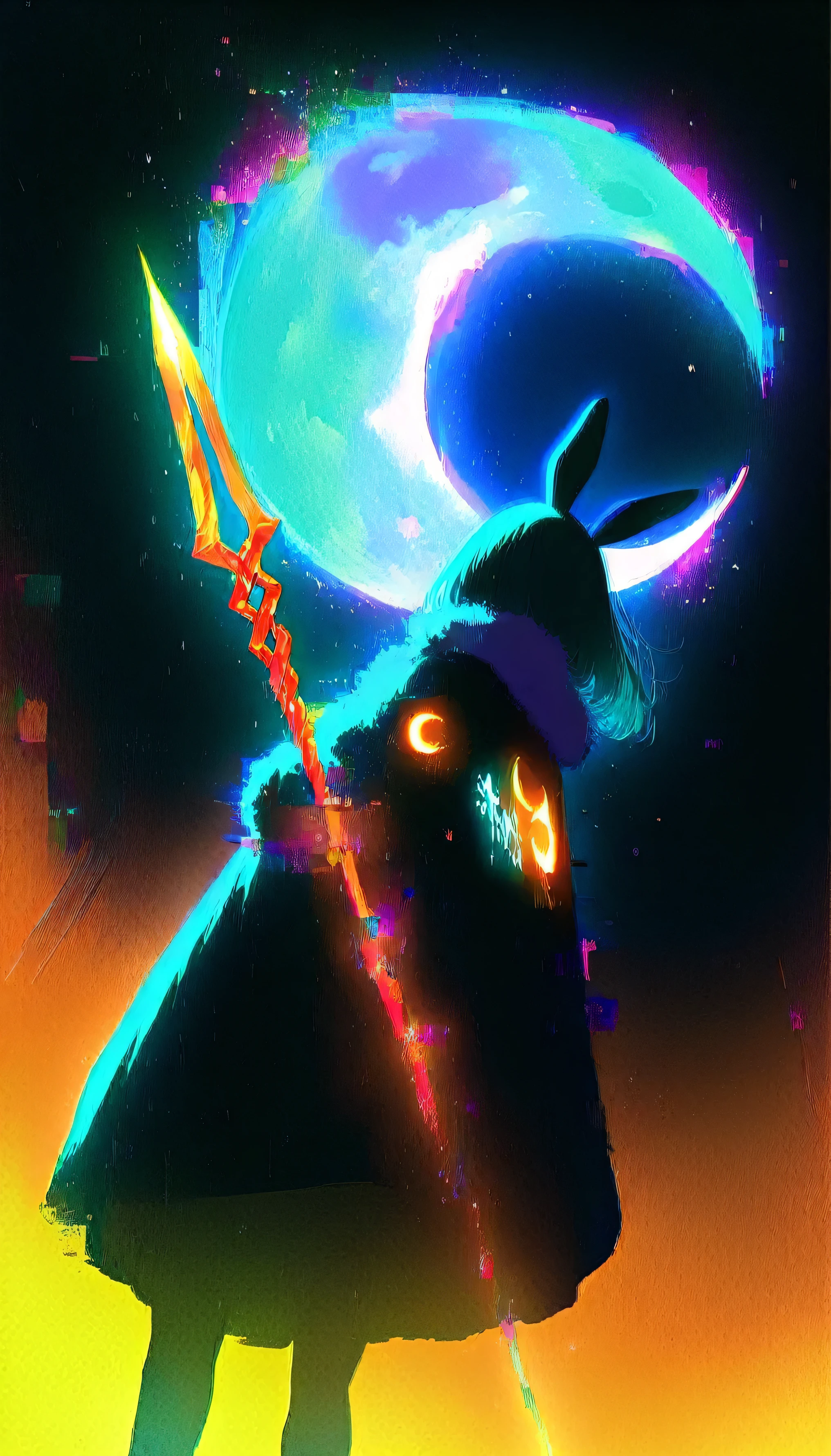 (A girl takes the Spear of Longinus and throws it at the moon:1.5),masterpiece,Ultra-high resolution,rich contrast,Very high quality,8k,Highly detailed CG unit wallpaper,Texture,Incredibly absurd,RAW Photos,Highest quality anime,anime-style illustration,studio anime style,professional photograph,an extremely delicate and beautiful,Depth of written boundary1.2,dynamic angle,((Big moon)),backlight,0__11Xx_illu,(rabbit ears:1.3),(from behind:1.3),(dark:2.0),((glitch,multicolor glitch,neon)),(teal and orange),particles of light,((Carved Crescent Moon)),Spear close up,(from below:1.3),Rabbit logo on the back,(backlit rim light)
