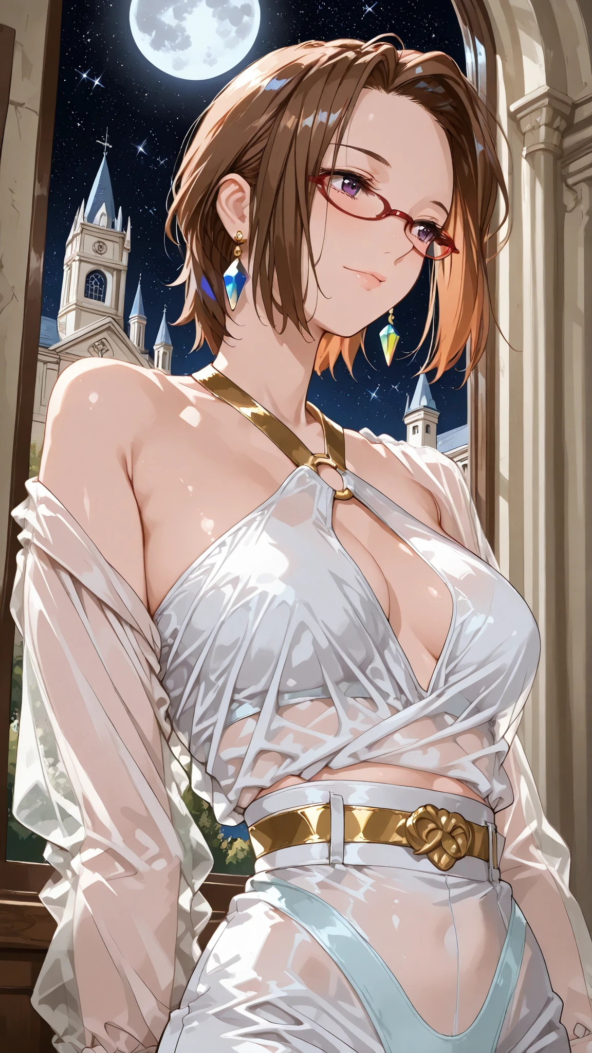 solo, tomoe (accelerando), purple eyes, brown hair, short hair, glasses, mature woman, Tight waist、Small waist、shiny Skin , (upper body), sexy, (adult woman, 25+), score_9, score_8_up, score_7_up, source_anime,(extremely detailed CG), (best quality), wide-angle view from above,((dynamic motion)) ,complete anatomy,crystal hair,(Thin clothes,A transparent white costume from Greek mythology), ( loose fit), Curbley ,shoulder,(rainbow colored gold see-through_wing), Feathered_wing,32K,Ultra HD,masterpiece,ultra high definition,HDR,very detailed,very aesthetic,top quality,Dazzling Sunlight ,lighting, A full moon night with an old stone church in the background, soft moonlight illuminating the church steeple and stained glass windows, misty atmosphere, starry sky, highly detailed, cinematic lighting, 4k