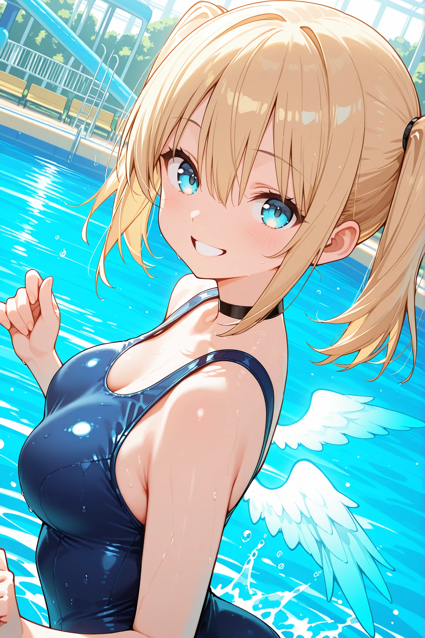 NSFW, 1girl, solo, character focus, close to viewer, upper body, dutch angle, dynamic angle, indoor, waterpark, water splash, swimming, twisted torso, w arms, school swimsuit, simple black choker, grin, happy smile, open mouth, blonde hair, light blue eyes, straight hair, medium hair, twin tails, bangs between eyes, sidelocks, medium breasts, cheerful smile, angel with glowing wings, Tiny Wings, feathered wings, luminous wings, blue wings, soft lighting, high detail, anime style, {animated painting}, {{{{{five hand fingers}}}}}, {{{{{4fingers and 1thumbs}}}}}, {{{high resolution}}}, {{{best quality}}}, {{ultra-detailed}}, {illustration}, {{an extremely delicate and beautiful}},