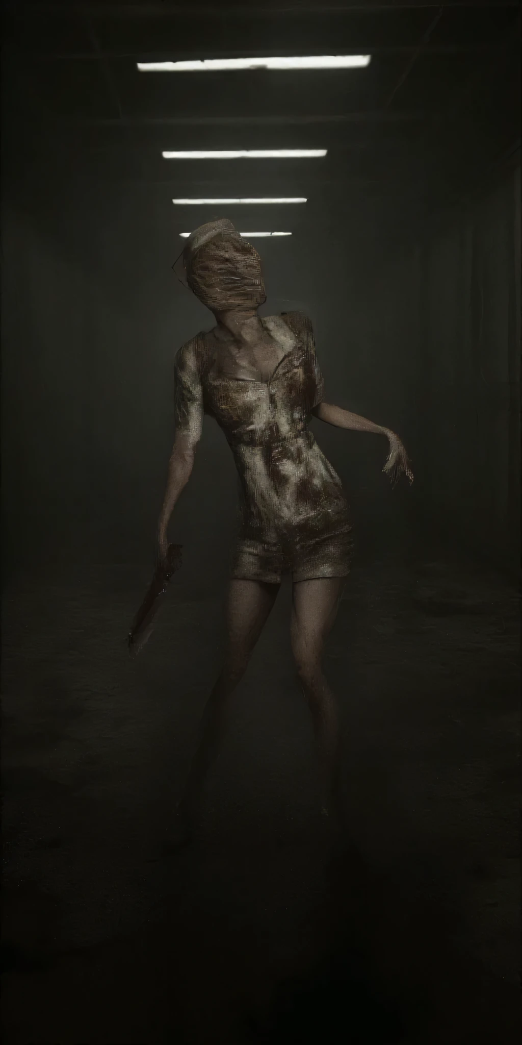 A Silent Hill nurse with a bandaged head and distorted face stands in a dimly lit hospital corridor. Blood-stained uniform with ripped fabric revealing grotesque flesh underneath. Holding a rusty scalpel dripping with dark liquid. Flickering fluorescent lights cast eerie shadows. Heavy fog creeping along the floor. Abandoned medical equipment scattered around. Walls peeling with decay. Photorealistic horror, extreme detail, unsettling atmosphere, cinematic lighting, 8K resolution, dark surrealism