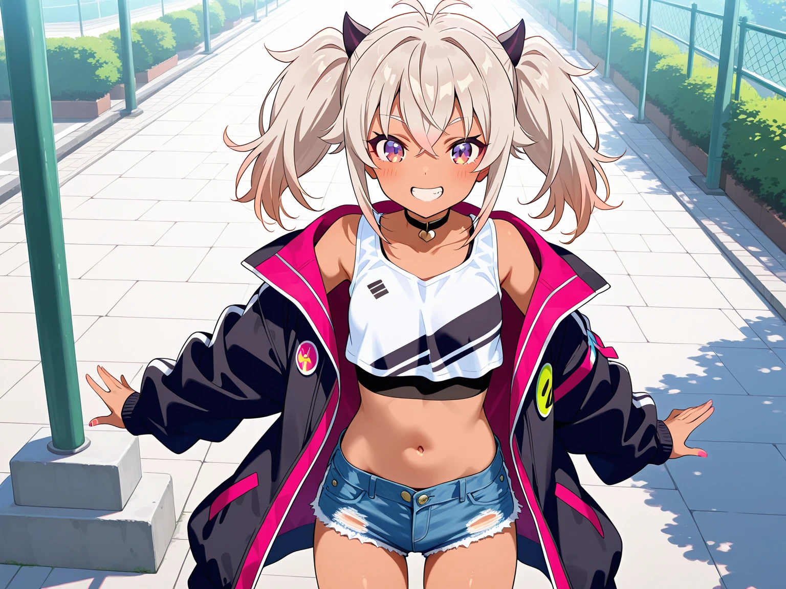 ((anime boy )), ((androgynous)),((Dark skin)), ((long white hair with pink streaks)),(( hair Styled into a Bun and braided ponytail )),((Red eyes)) , (Tall),(thin, average hips),(White half jacket), ((hot pink Crop top)) ,( white shorts) , heart face marking,evil aura, crazy smile , ((Pop Idol)) , ((yandere: 1.5)), ((Masterpiece)), High Aesthetic, ((high quality )),((1boy, Solo)),huge ass!!, hyper thighs!!, bottom heavy,big Belly