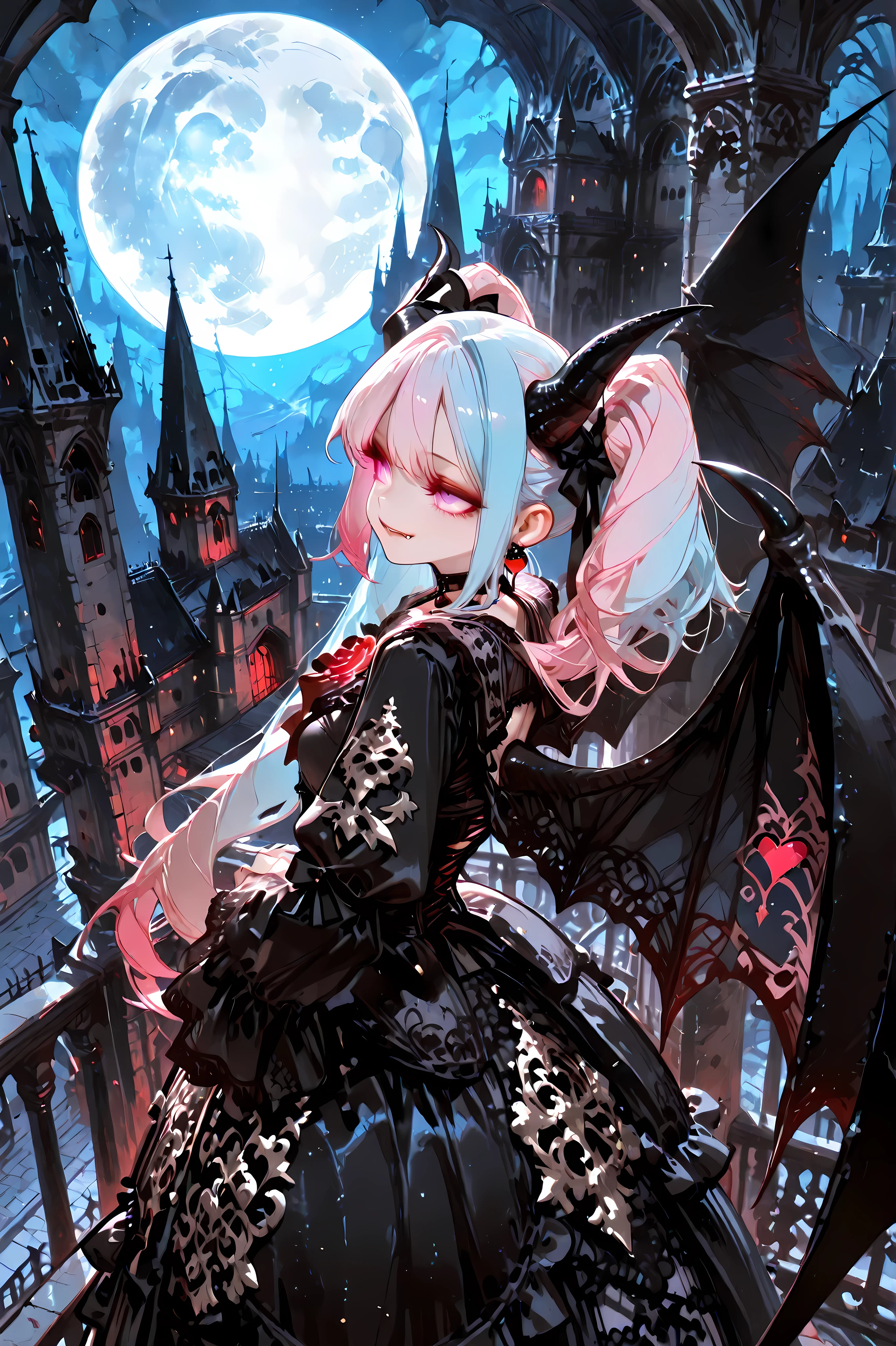 masterpiece, best quality, highly detailed, 8k wallpaper,

1girl, solo, vampire succubus, predator of moonlight, hunting under moon,

purple eyes, glowing eyes, seductive gaze, two-tone hair, pink hair, light blue hair, twin tails, long twin tails, black horns, heart charm choker, small fangs, vampire fangs,

alluring expression, predatory smile, dangerous beauty, captivating look,

bat wings, demon wings, black wings, dark wings, large wings, spread wings,

(ornate gothic dress:1.2), Victorian gothic lolita, (elaborate lace details:1.2), intricate frills and ribbons, (gothic fashion:1.2), long elegant dress, modest neckline, black and deep red color scheme, ornate accessories, gothic jewelry, detailed embroidery,

(castle balcony:1.3), stone balcony railing, Gothic architecture balcony, medieval castle exterior view, (full moon in background:1.4), (moonlight:1.3), moonlit night, silvery light, dramatic lighting, medieval European castle, nighttime atmosphere, starry sky, castle towers in distance,

standing on balcony, graceful stance, confident posture,

(from above:1.2), high angle shot, upper body focus, (moon visible in frame:1.2), cinematic composition,

soft lighting, delicate features, gentle shading, soft colors, painterly style, detailed illustration, anime style, soft brushstrokes