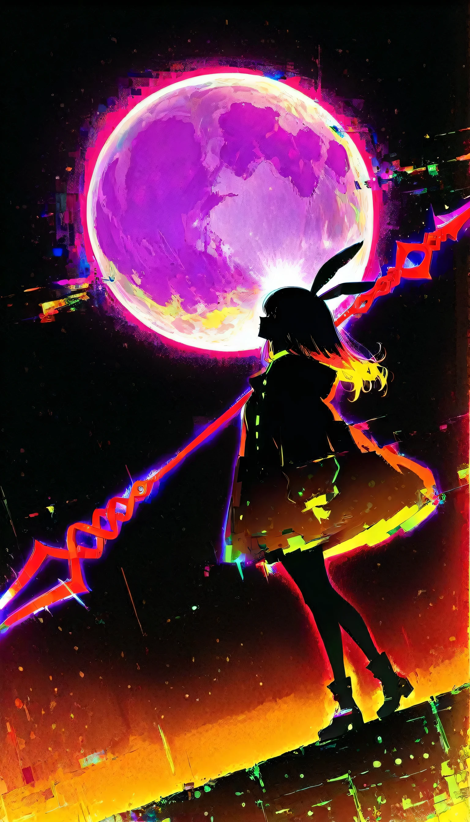 masterpiece,Ultra-high resolution,rich contrast,Very high quality,8k,Highly detailed CG unit wallpaper,Texture,Incredibly absurd,RAW Photos,Highest quality anime,anime-style illustration,studio anime style,professional photograph,an extremely delicate and beautiful,Depth of written boundary1.2,dynamic angle,((Big moon)),backlight,0__11Xx_illu,(A girl takes the Spear of Longinus and throws it at the moon:1.5),(rabbit ears:1.3),(from side:1.3),(dark:2.0),((glitch,multicolor glitch,neon)),halftone dots,teal and orange