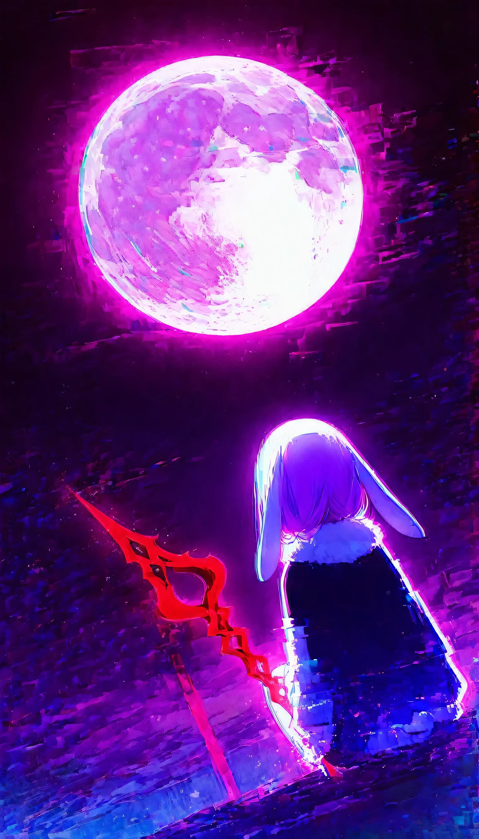 (A girl takes the Spear of Longinus and throws it at the moon:1.5),masterpiece,Ultra-high resolution,rich contrast,Very high quality,8k,Highly detailed CG unit wallpaper,Texture,Incredibly absurd,RAW Photos,Highest quality anime,anime-style illustration,studio anime style,professional photograph,an extremely delicate and beautiful,Depth of written boundary1.2,dynamic angle,((Big moon)),backlight,0__11Xx_illu,(rabbit ears:1.3),(from behind:1.3),(dark:2.0),((glitch,multicolor glitch,neon)),