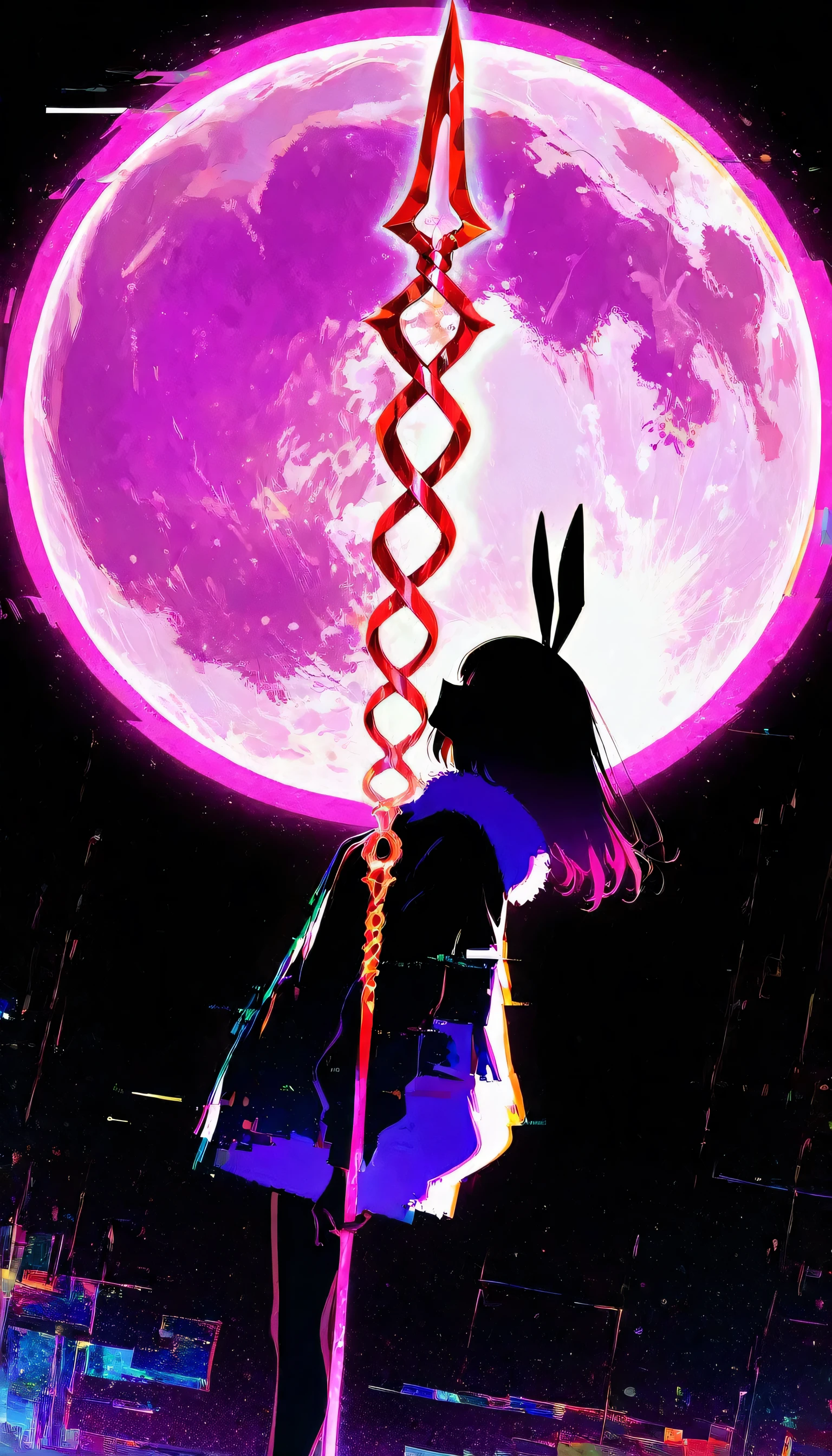 masterpiece,Ultra-high resolution,rich contrast,Very high quality,8k,Highly detailed CG unit wallpaper,Texture,Incredibly absurd,RAW Photos,Highest quality anime,anime-style illustration,studio anime style,professional photograph,an extremely delicate and beautiful,Depth of written boundary1.2,dynamic angle,((Big moon)),backlight,0__11Xx_illu,(A girl takes the Spear of Longinus and throws it at the moon:1.5),(rabbit ears:1.3),(from side:1.3),(dark:2.0),((glitch,multicolor glitch,neon)),