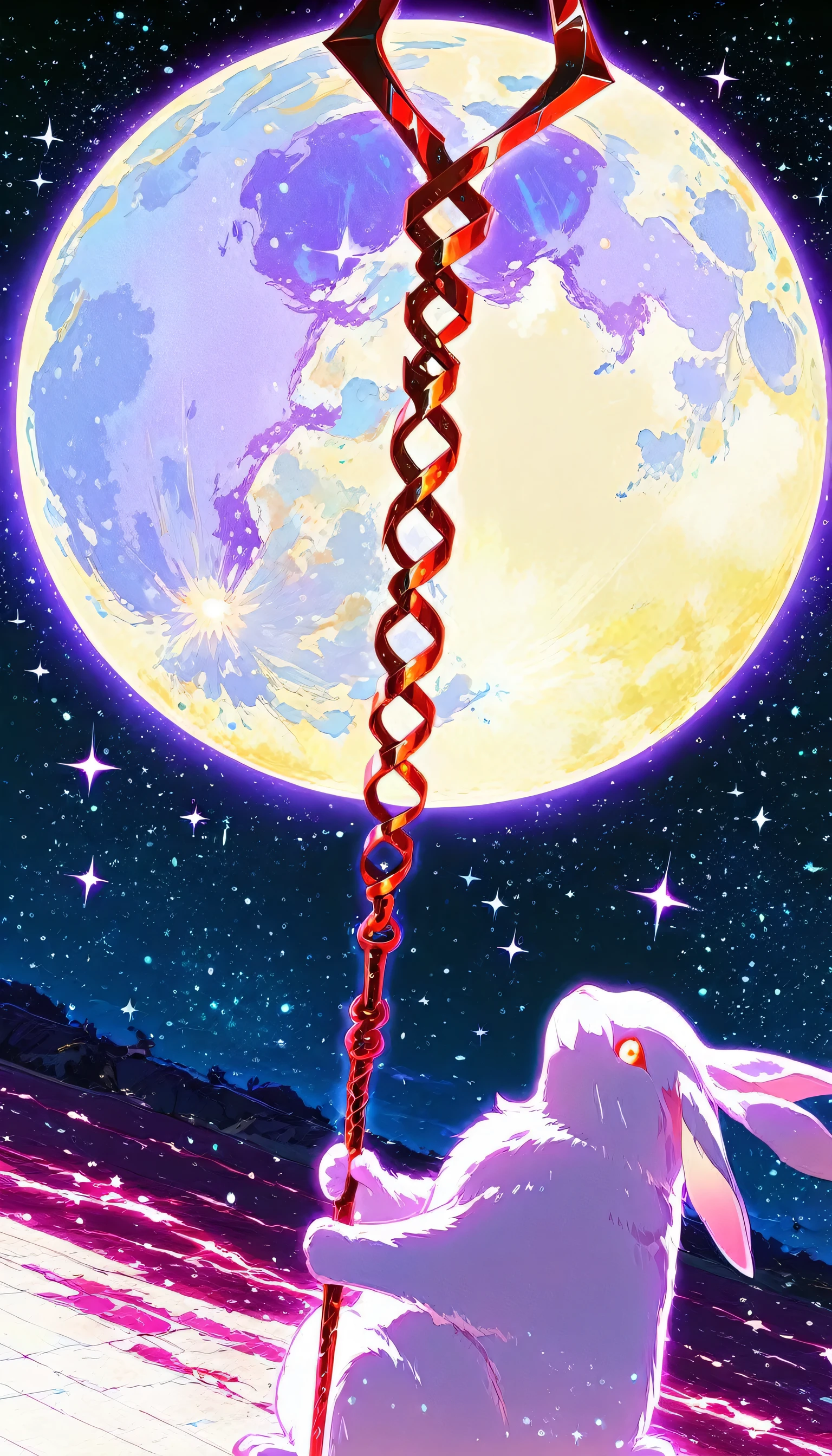 masterpiece,Ultra-high resolution,rich contrast,Very high quality,8k,Highly detailed CG unit wallpaper,Texture,Incredibly absurd,RAW Photos,Highest quality anime,anime-style illustration,studio anime style,professional photograph,an extremely delicate and beautiful,Depth of written boundary1.2,dynamic angle,((Big moon)),backlight,0__11Xx_illu,(A rabbit takes the Spear of Longinus and throws it at the moon:1.5),(Rabbit close up:1.3),(from side:1.3)