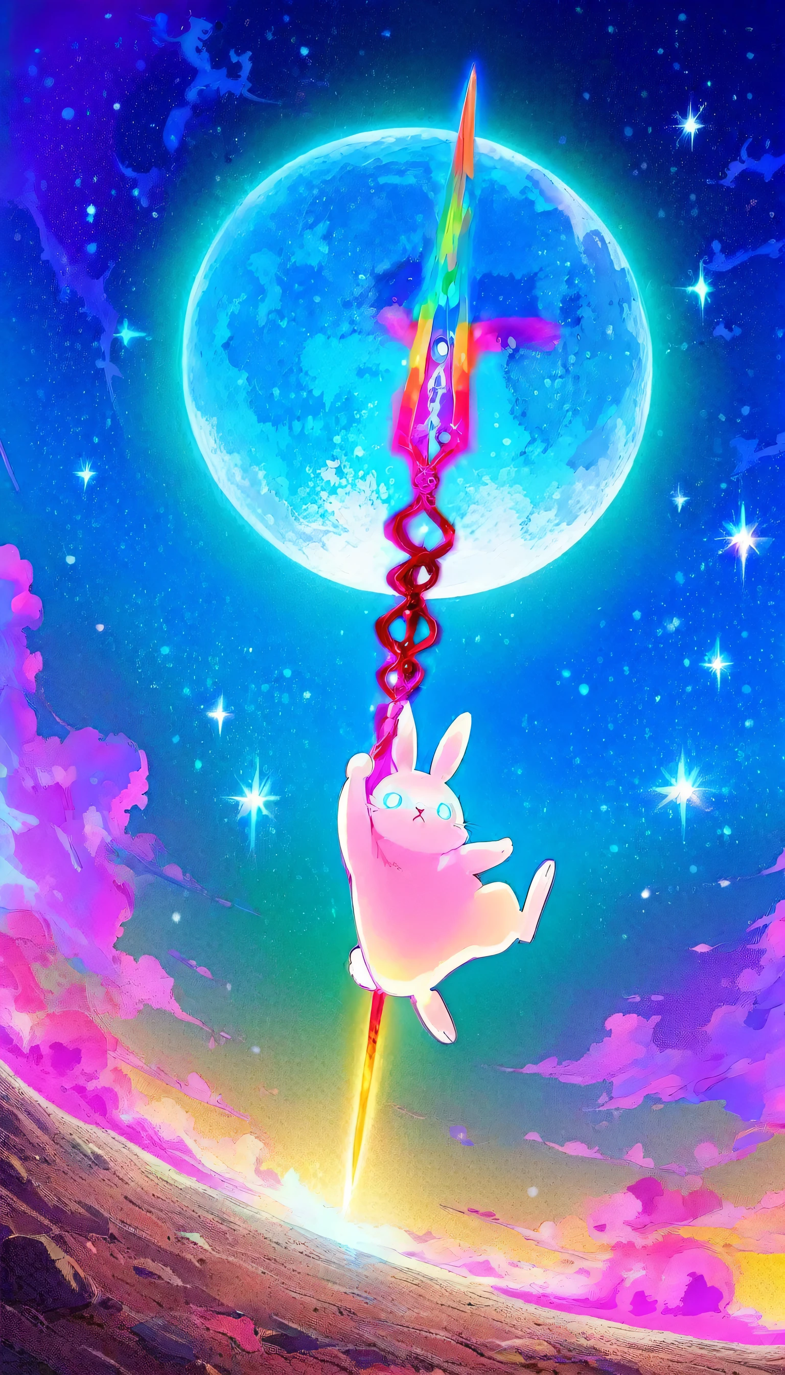 masterpiece,Ultra-high resolution,rich contrast,Very high quality,8k,Highly detailed CG unit wallpaper,Texture,Incredibly absurd,RAW Photos,Highest quality anime,anime-style illustration,studio anime style,professional photograph,an extremely delicate and beautiful,Depth of written boundary1.2,dynamic angle,((Big moon)),backlight,0__11Xx_illu,(glowing blue outline:1.3),(A rabbit throws a rainbow-colored Spear of Longinus at the moon:1.5),(Rabbit close up:1.3),