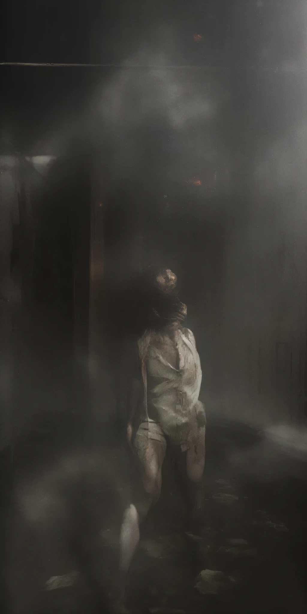 Silent Hill nurse emerging from thick fog in an abandoned hospital basement. Body twitching unnaturally with jerky movements. Face completely wrapped in bloodied gauze. Wearing a tight, stained white uniform with exposed stitched flesh. Dim emergency lights casting red glow. Water dripping from pipes. Medical charts floating in flooded floor. Photorealistic horror, volumetric lighting, cinematic composition, extreme detail, dark surrealism