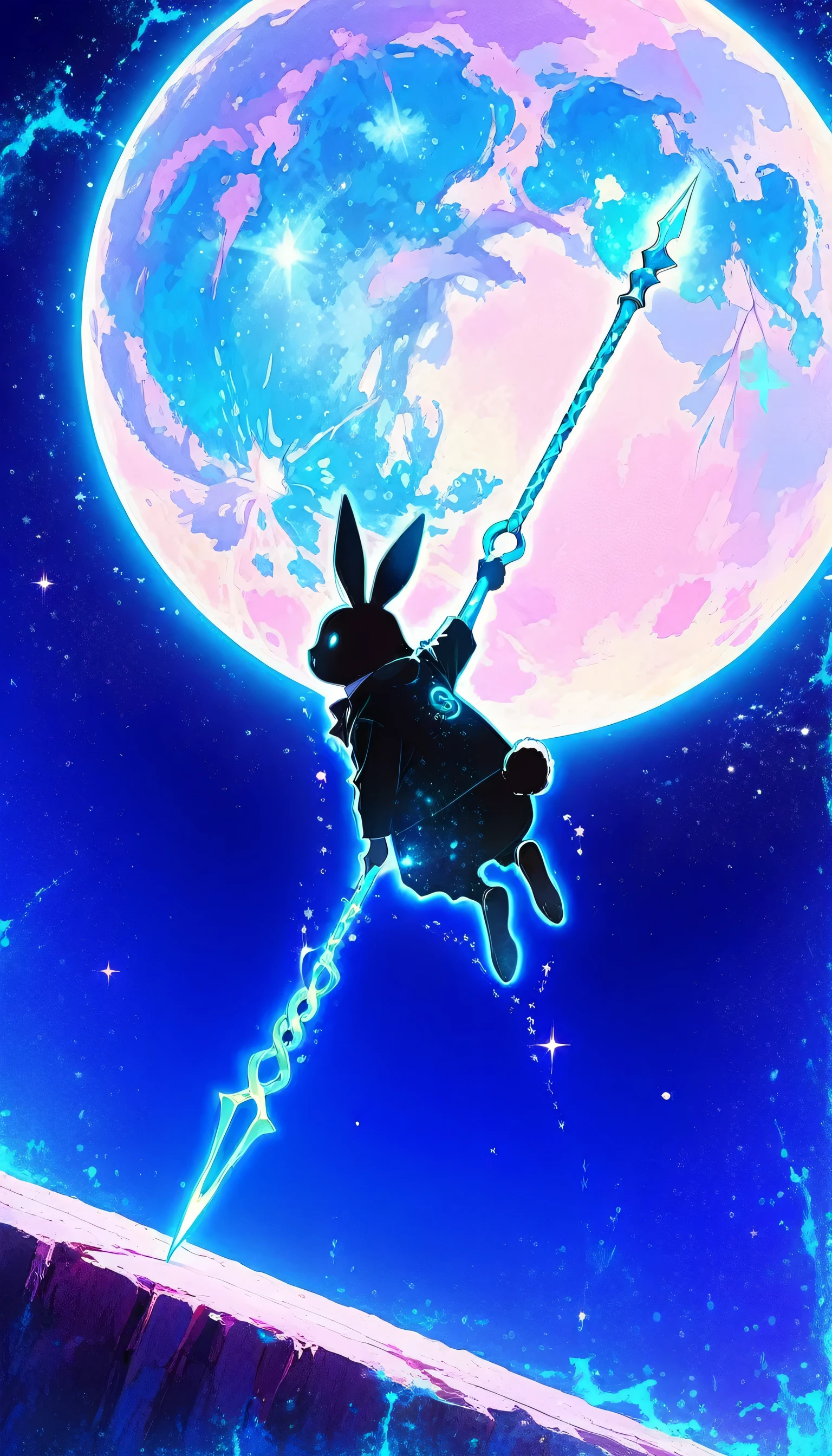 masterpiece,Ultra-high resolution,rich contrast,Very high quality,8k,Highly detailed CG unit wallpaper,Texture,Incredibly absurd,RAW Photos,Highest quality anime,anime-style illustration,studio anime style,professional photograph,an extremely delicate and beautiful,Depth of written boundary1.2,dynamic angle,((Big moon)),backlight,0__11Xx_illu,(glowing blue outline:1.3),(A rabbit throws the Spear of Longinus at the moon:1.5),(Rabbit close up:1.3),