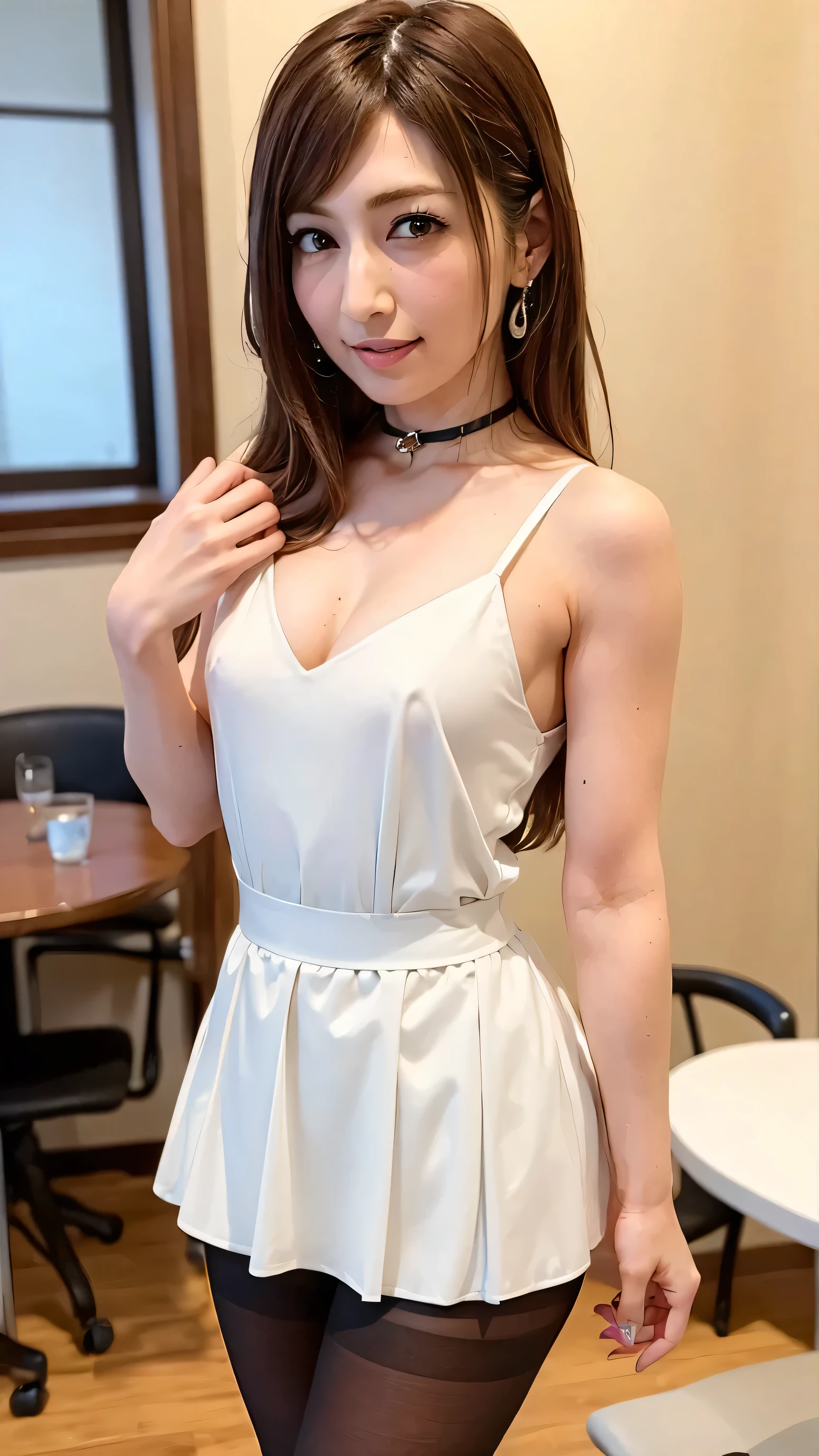 (((Show off your legs))),((are erotic)),((sexy)),((sexy)),((open-chest)),((sexyブラジャー)),((black pantyhose)),((clean blouse)),((Maid with a sense of cleanliness)),((Cafe)),(((Beautiful legs))),(((part-time maid job))), ((pleated miniskirt)),((Excitement)),ultra fine , Very Good 、are depicted in every detail, ((Very small breasts)), perfect hands, detailed fingers, beautiful details, ((long hair)),(()),(()),Black Choker, earrings,Perfect Eyes, Fascinating Eyes