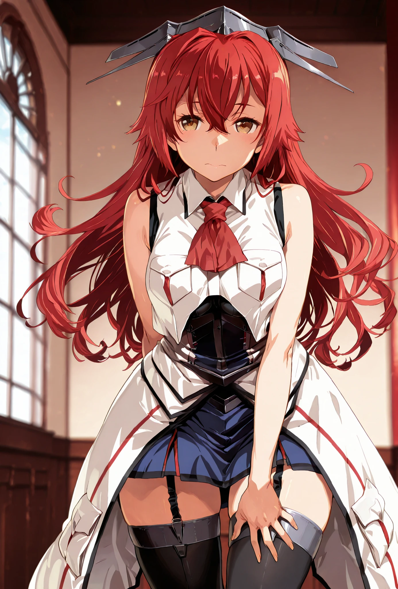 phoenix_(kancolle), (kantai collection), score_9, score_8_up, score_7_up, source_anime, top quality, , Official Art,, masterpiece, ultra-HD, high detail, depth of field, top quality, 8k, top quality, ergonomic,Official Art, 1 Girl,solo, anime keyvisual, slender, Sessyu Style,phoenixKC,red hair,long hair, hair between eyes, black thighhighs, headgear, sleeveless, black shirt, blue skirt, military uniform, white jacket, headgear, garter straps, breast pocket, red ascot, sleeveless jacket, overskirt, neckerchief, undershirt,