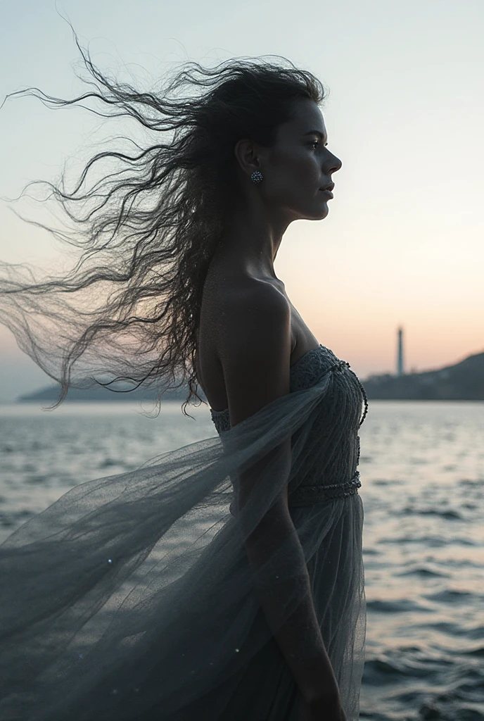 A woman in a blue dress standing on a pier at sunset - SeaArt AI