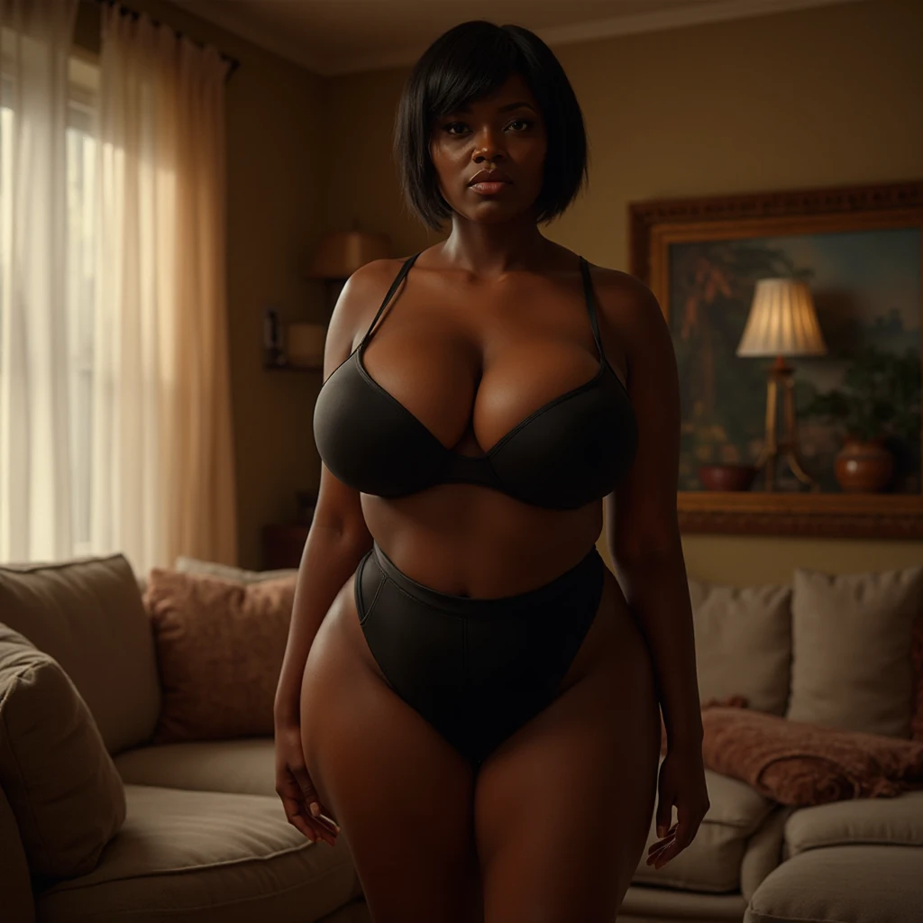 A gorgeous Woman, with dark skin and a savory curves figure, is radiating neon colors around her. She wears a sweater dress that hugs her tiny chest, yet accentuates her enormous thighs, hips, and buttocks. The dress reveals her  shoulders, adorned with intricate jewelry. Her dark, expressive eyes pierce the viewer with a captivating gaze. The realistic image showcases her dimples, the smoothness of her dark skin, and the delicate texture of her sweater dress. A stunning portrayal of her beauty and allure. OR Basking in the vibrant neon lights, a stunningly beautiful woman, with a