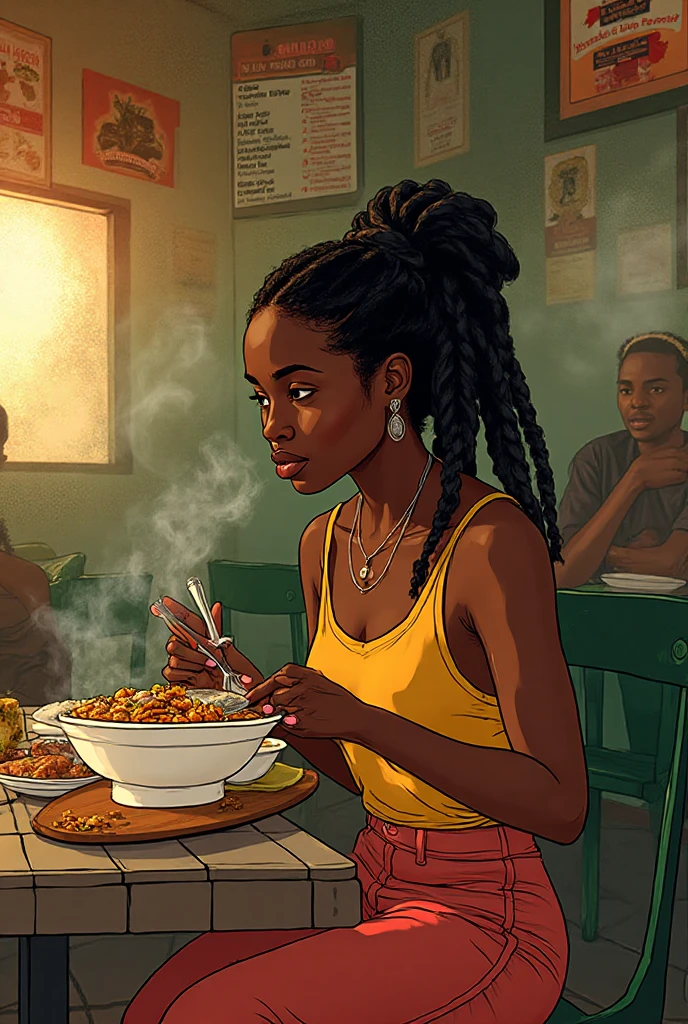 dark skin woman eats dinner