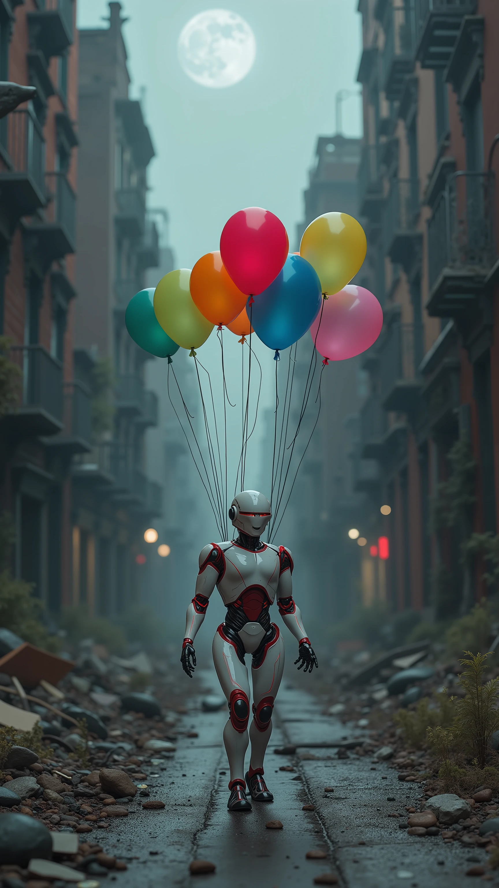 highdefinition picture、In the ruined streets of New York on a moonlit night、a robot with a white body and red lines chases seven colored balloons