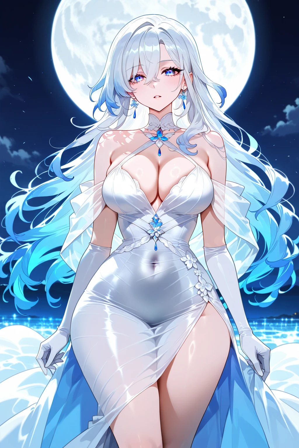 tall woman, curly white hair, blue eyes, blue curved horns, tall, alone night blue dress, blue long gloves, blue demon syrup, holding a pink flower,