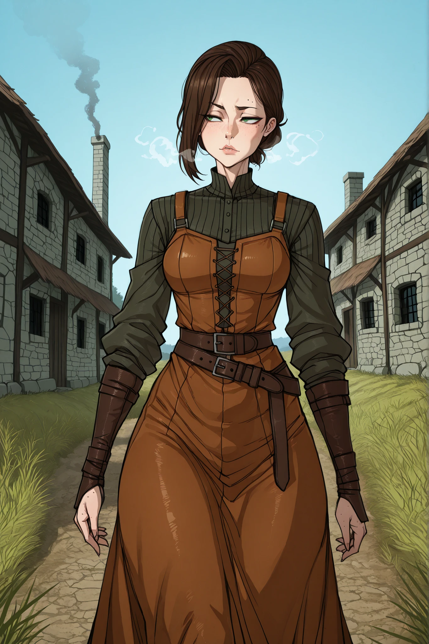 high quality, a 30-year-old French woman, 1.65 meters tall, slender and agile figure with soft feminine curves, green eyes with a sensual yet insecure gaze, light freckles on her nose and cheeks, naturally red medium lips, dark arched eyebrows, defined cheekbones, mole under one eye, delicate jawline, long dark brown hair with soft waves, tousled and wild down to mid-back, wearing a modest medieval dress with leather straps and a simple belt, standing outdoors on a grassy hill, taking a deep breath while gazing at a medieval village in the distance, stone houses and smoke trails visible, bright daylight and clear sky, posture calm and reflective, anime screenshot style, Ratatatat74, best quality, 8k, masterpiece